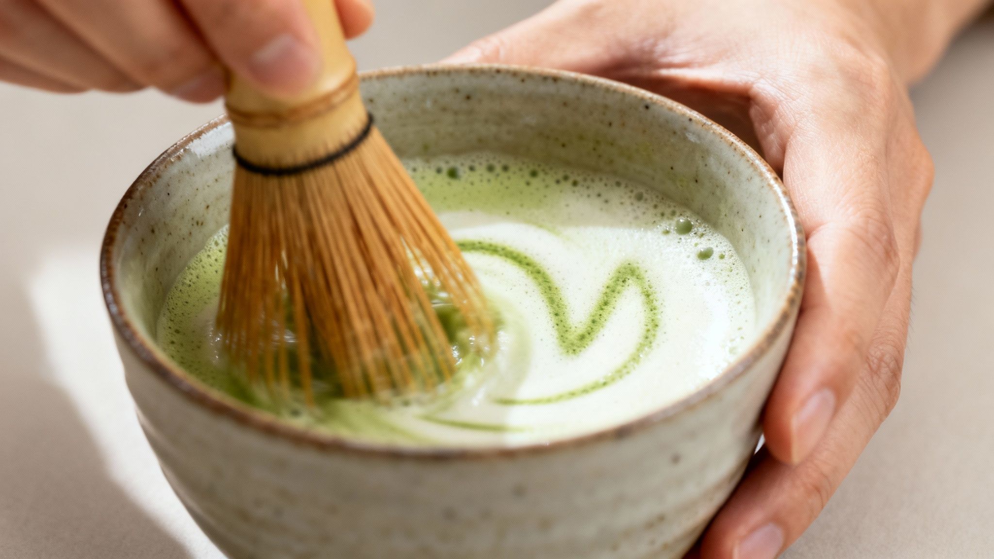 Close-up of hands whisking vibrant green matcha tea in a ceramic bowl with a bamboo whisk.