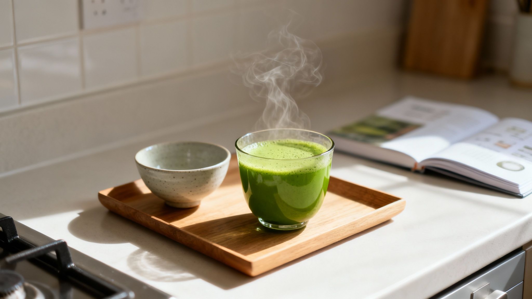 Steaming green matcha tea and an empty bowl on a wooden tray on a sunny kitchen counter.