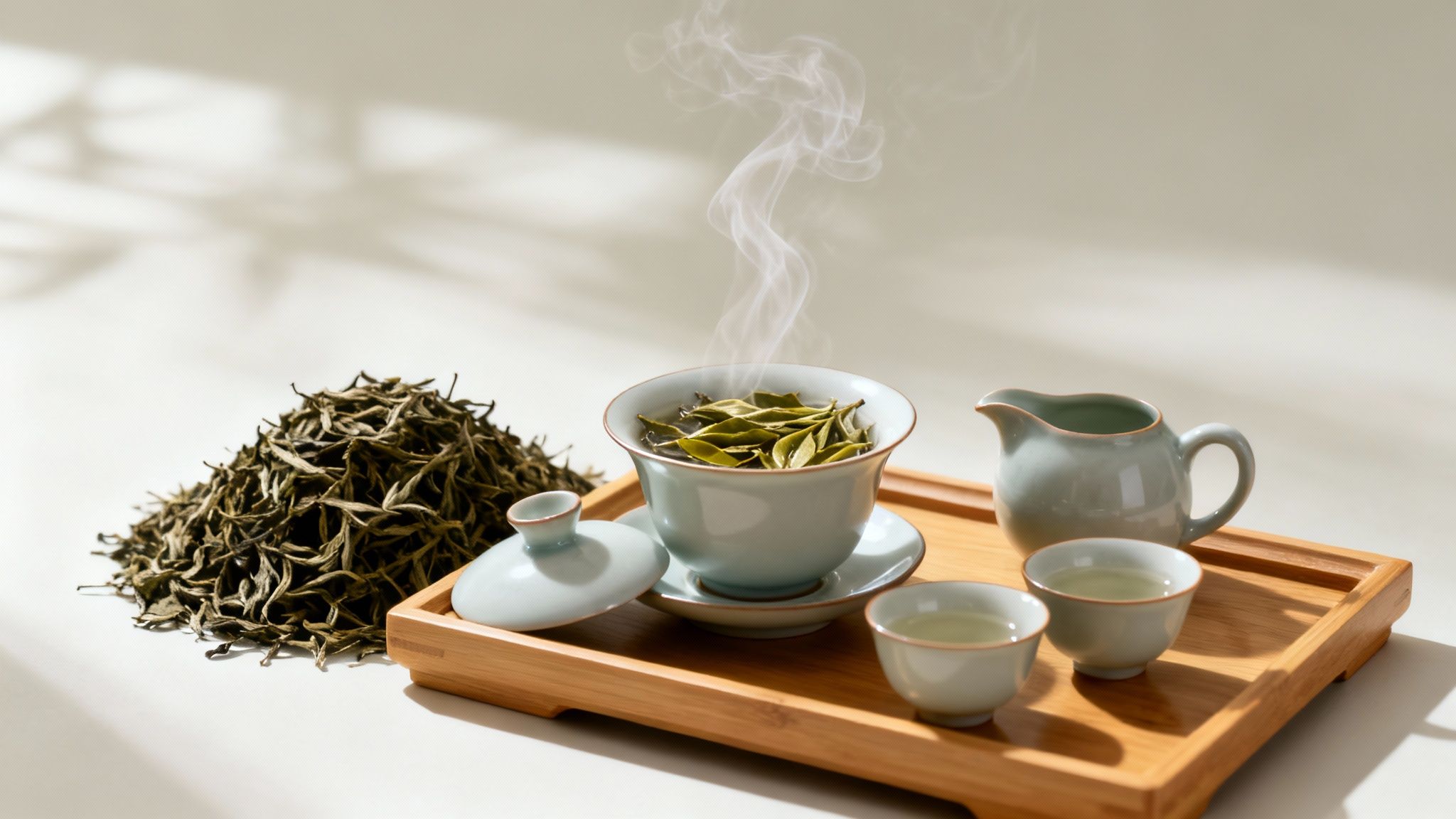 A traditional Chinese tea ceremony setup with loose green tea leaves, a steaming gaiwan, and teacups on a wooden tray.