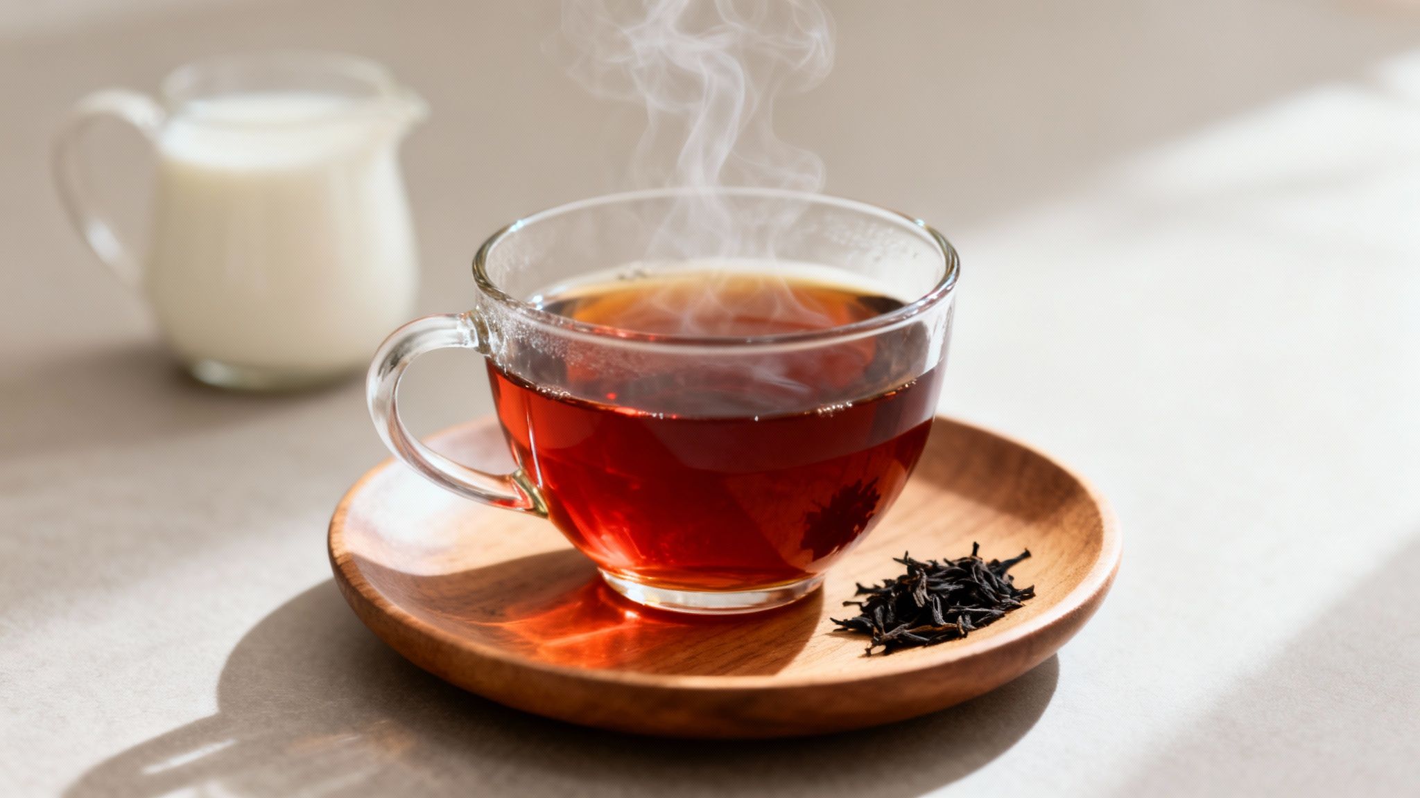 Steaming hot black tea in a clear glass cup with loose tea leaves and a milk pitcher.