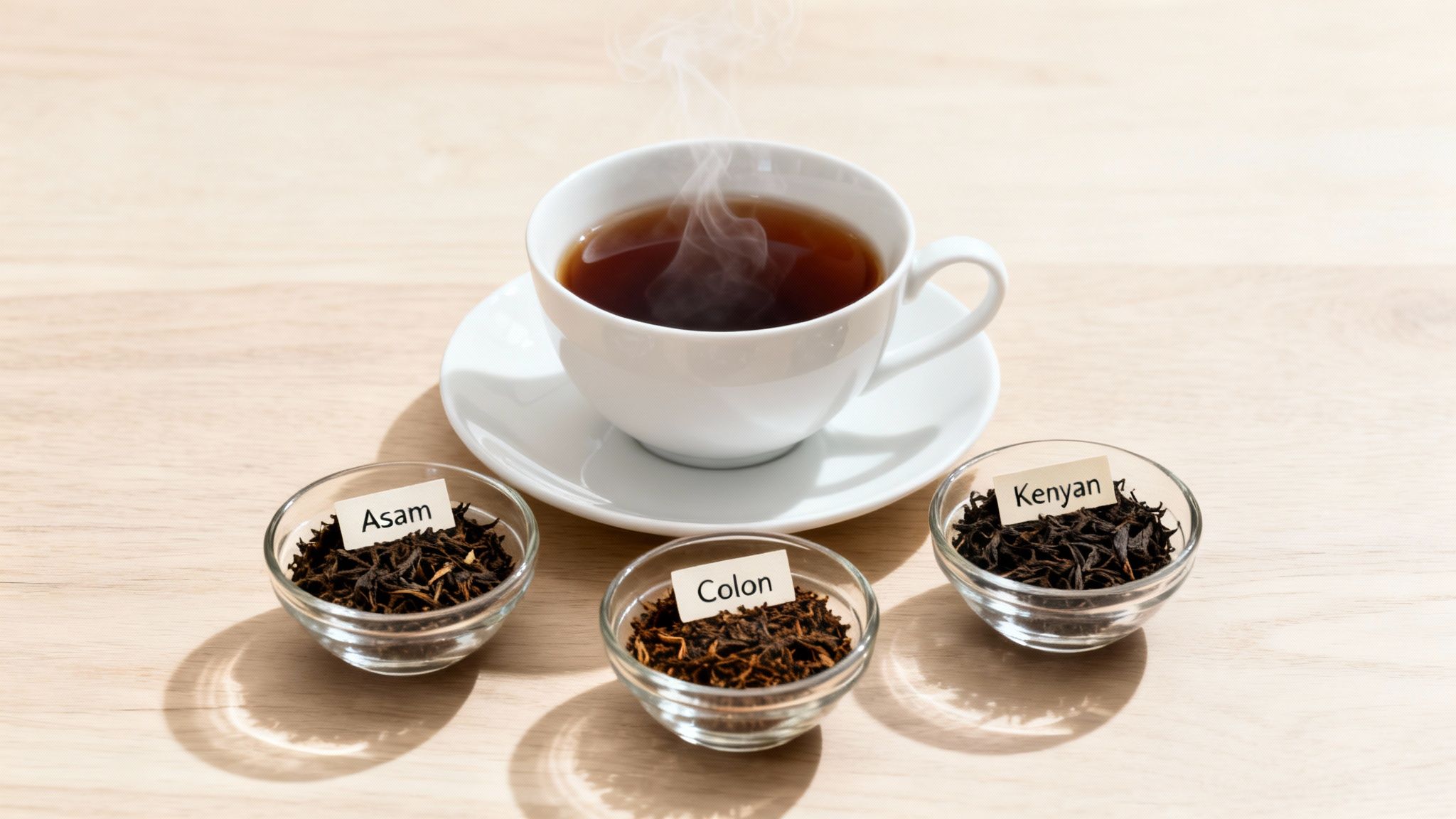 Steaming cup of black tea with three labeled bowls of loose leaf varieties: Assam, Colon, Kenyan.