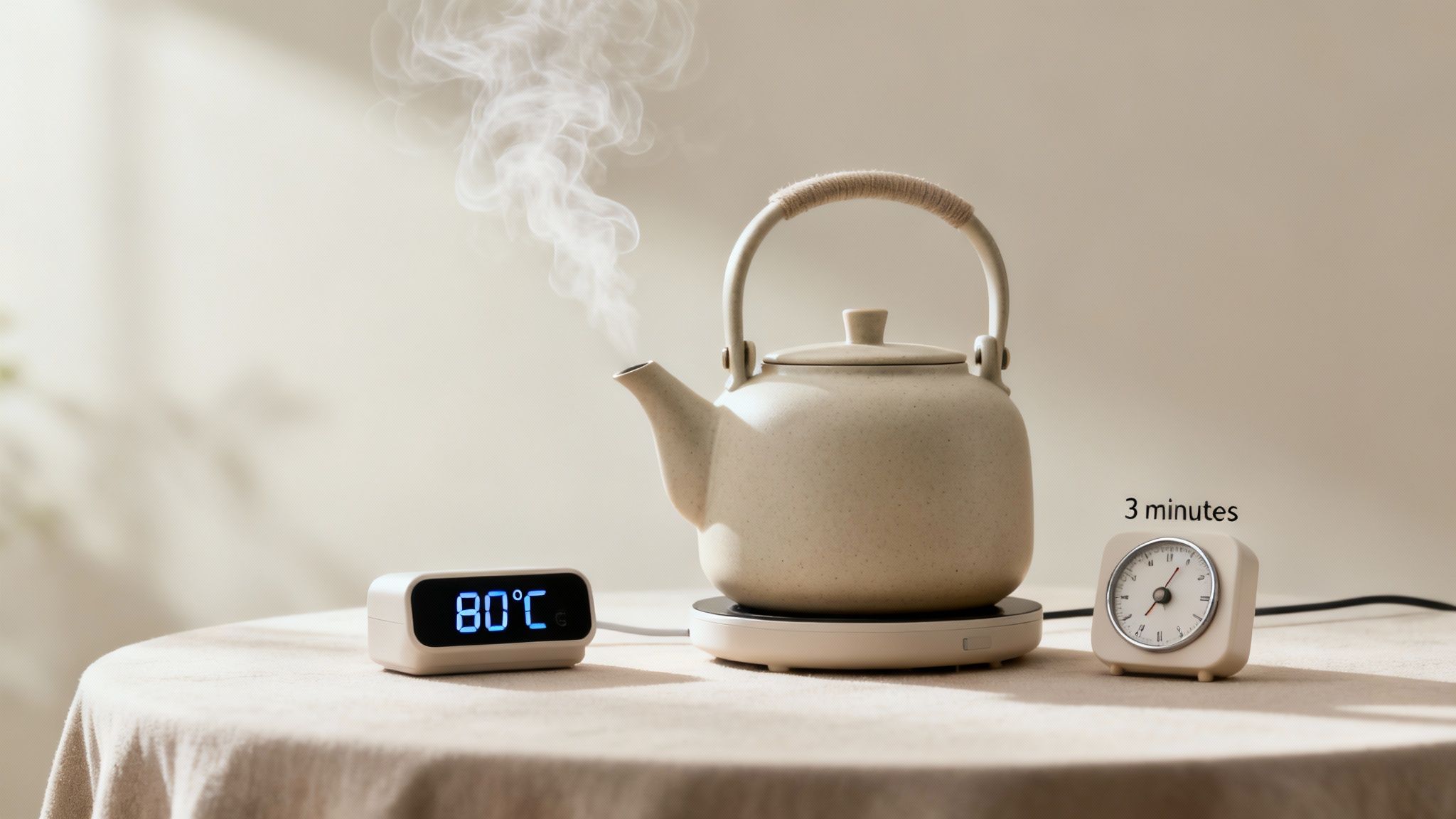 A clear glass kettle heating water, with tea leaves in an infuser nearby.