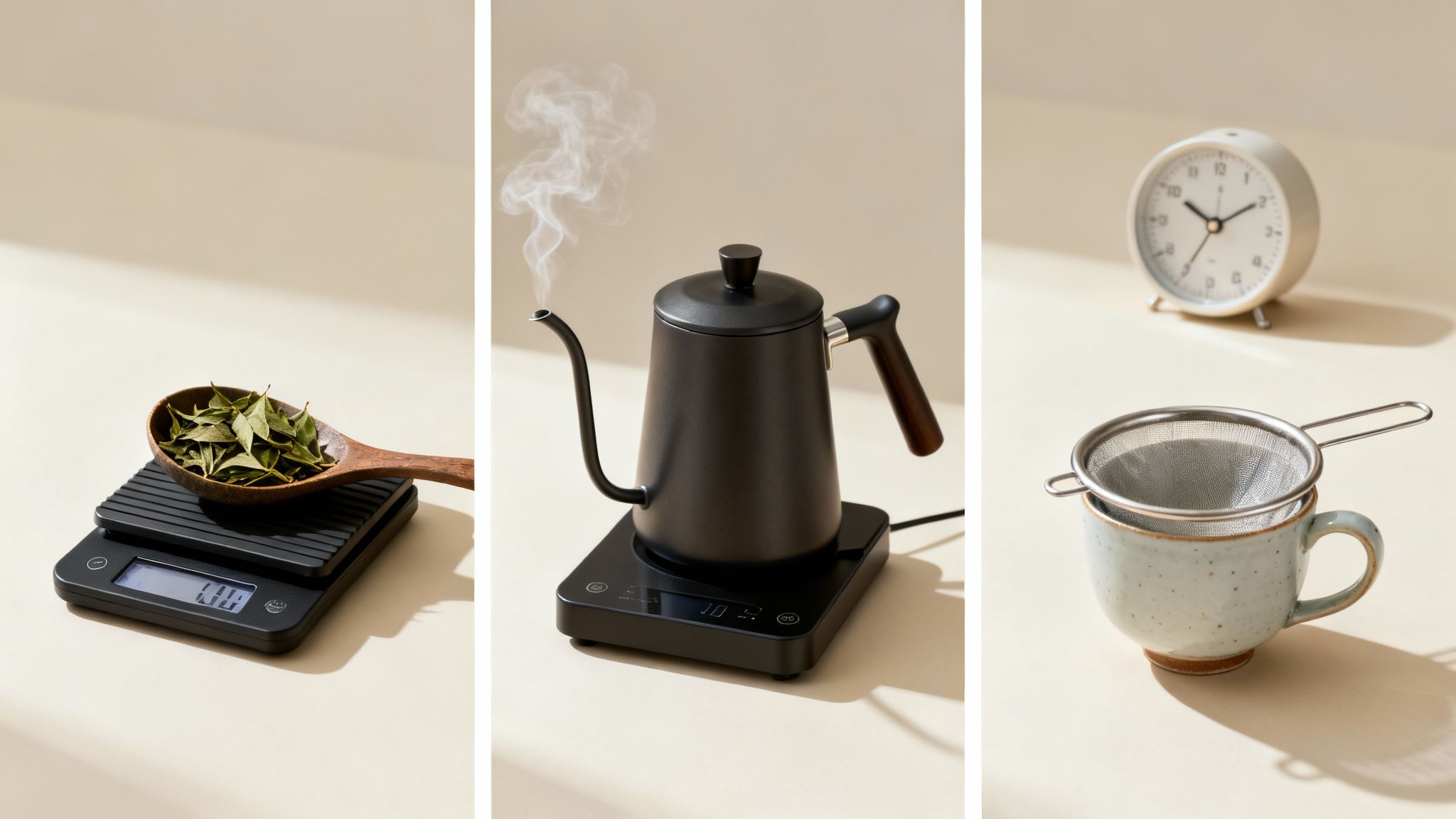 A triptych showing the process of making loose leaf tea: measuring leaves, heating water, and steeping.