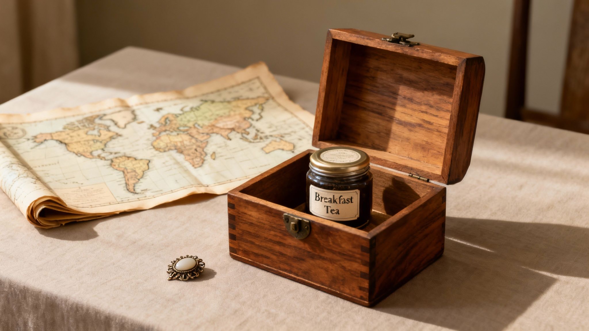 An old map, a wooden box with 'Breakfast Tea', and a vintage brooch on a table.