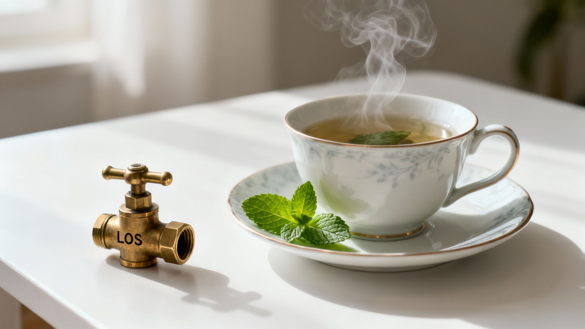 Steaming mint tea with fresh leaves next to a brass valve labeled 'LOS' on a bright white table.