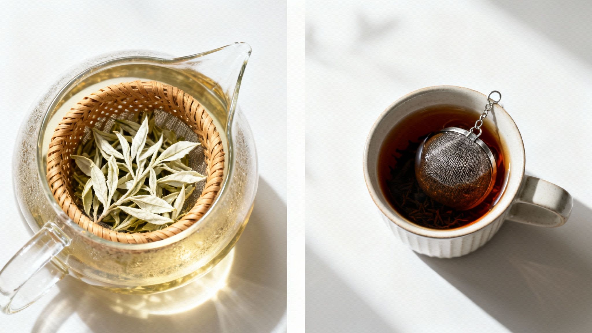 Two different ways to brew tea, using a woven infuser in a glass teapot and a metal tea ball in a mug.