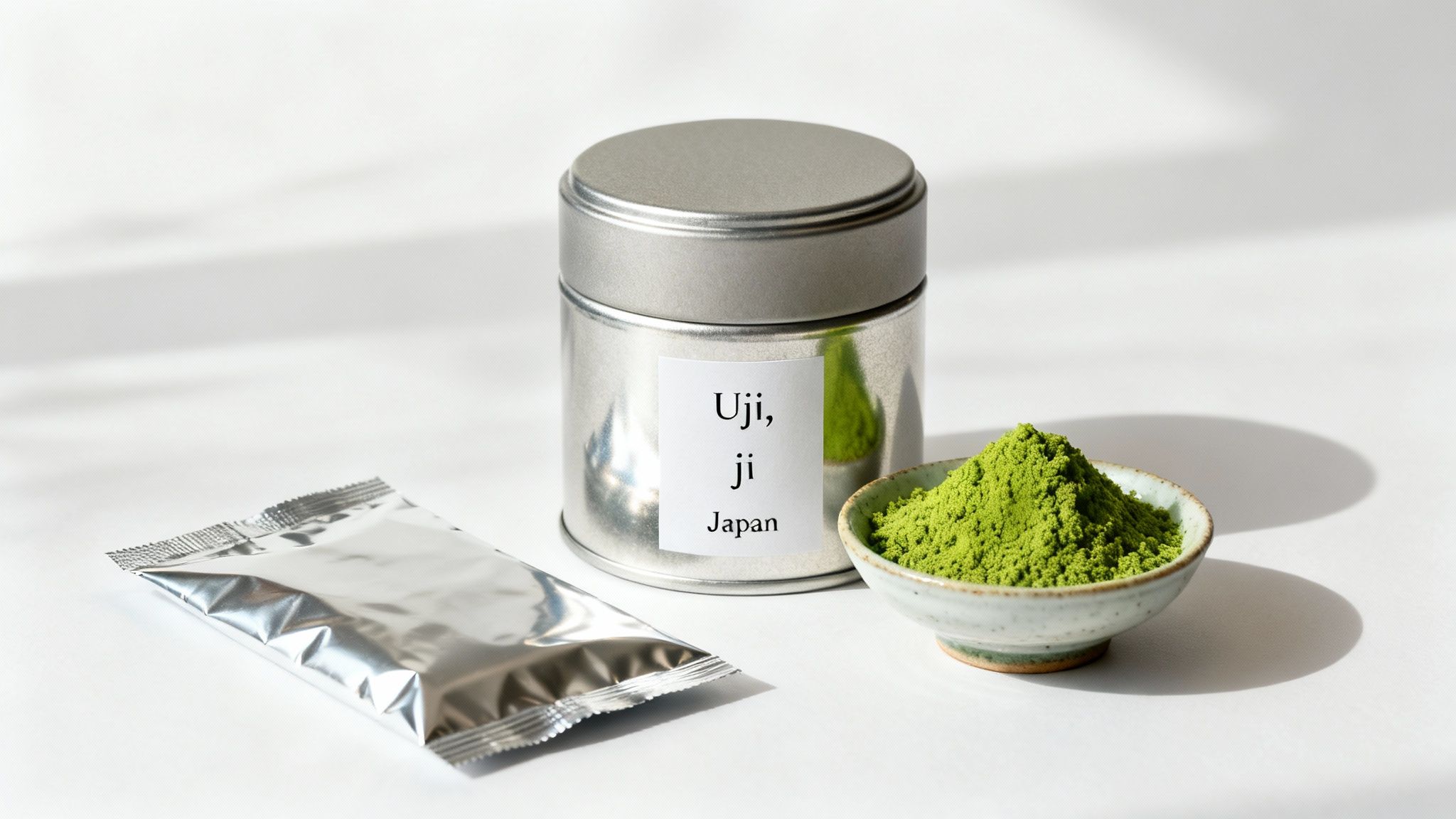 A metal tin, a bowl of vibrant green matcha powder, and a silver foil packet on a white surface.