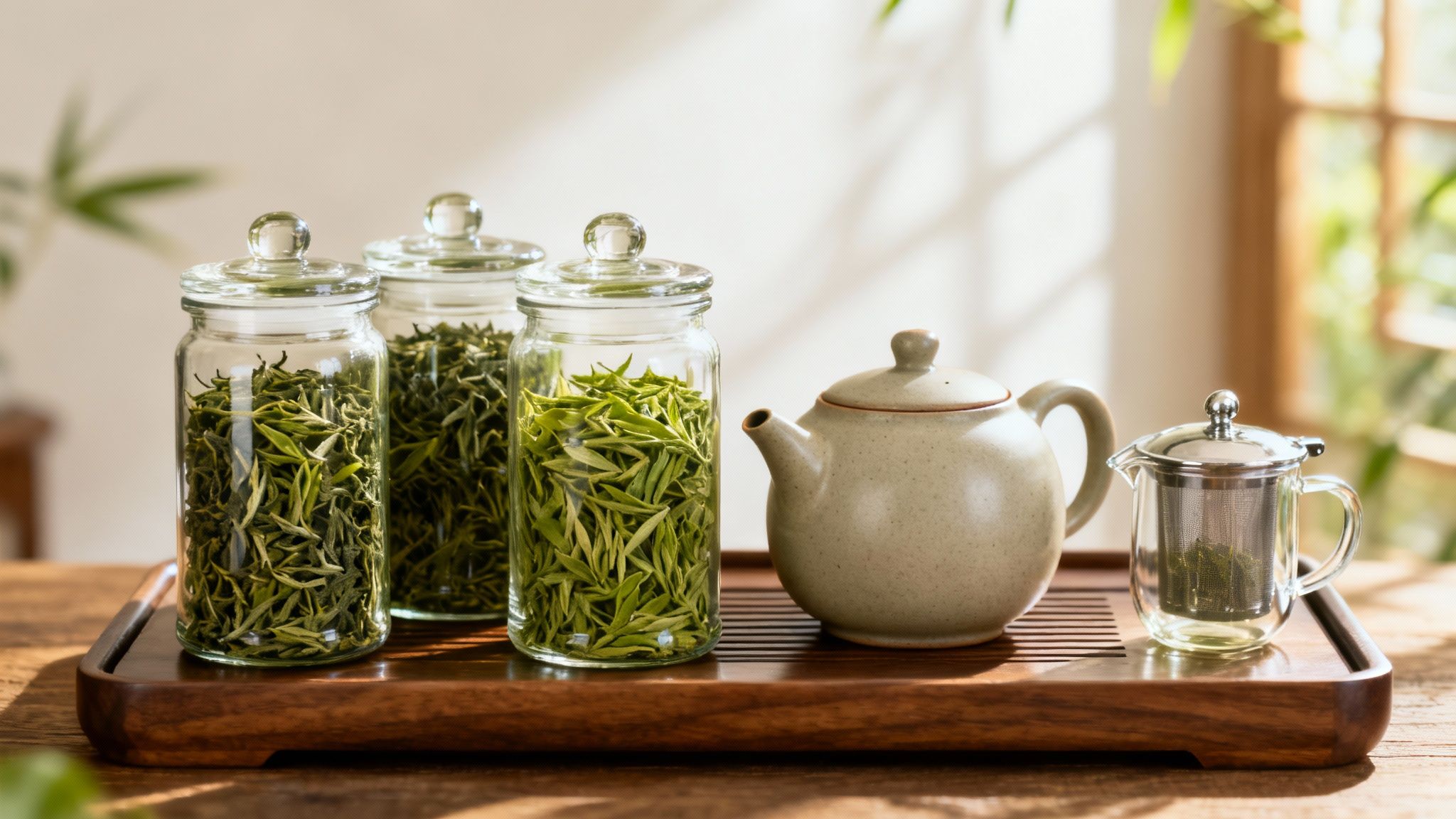 A person pouring loose-leaf green tea from a small wooden scoop into a white ceramic cup.