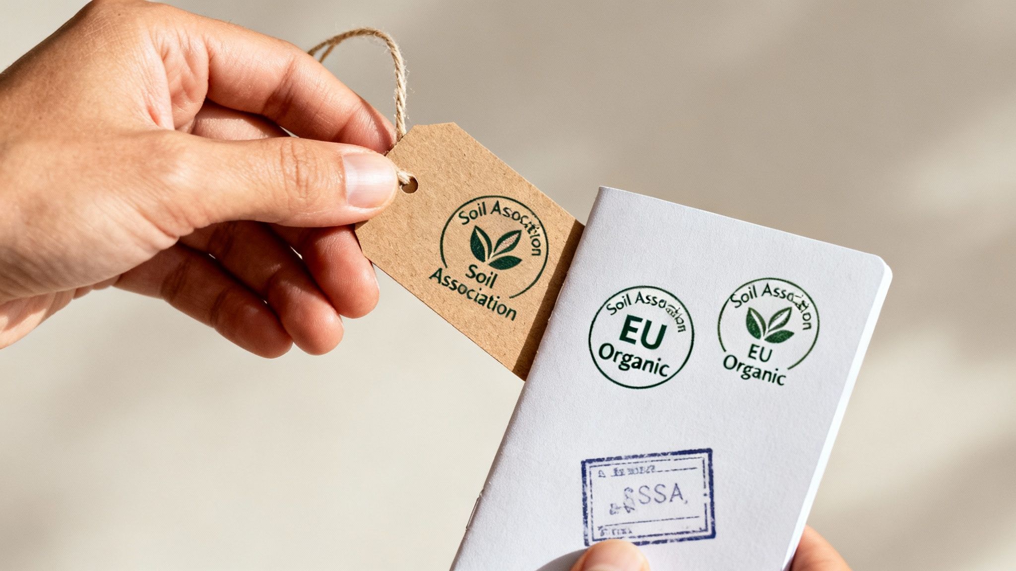 A display of certified organic tea leaves and logos