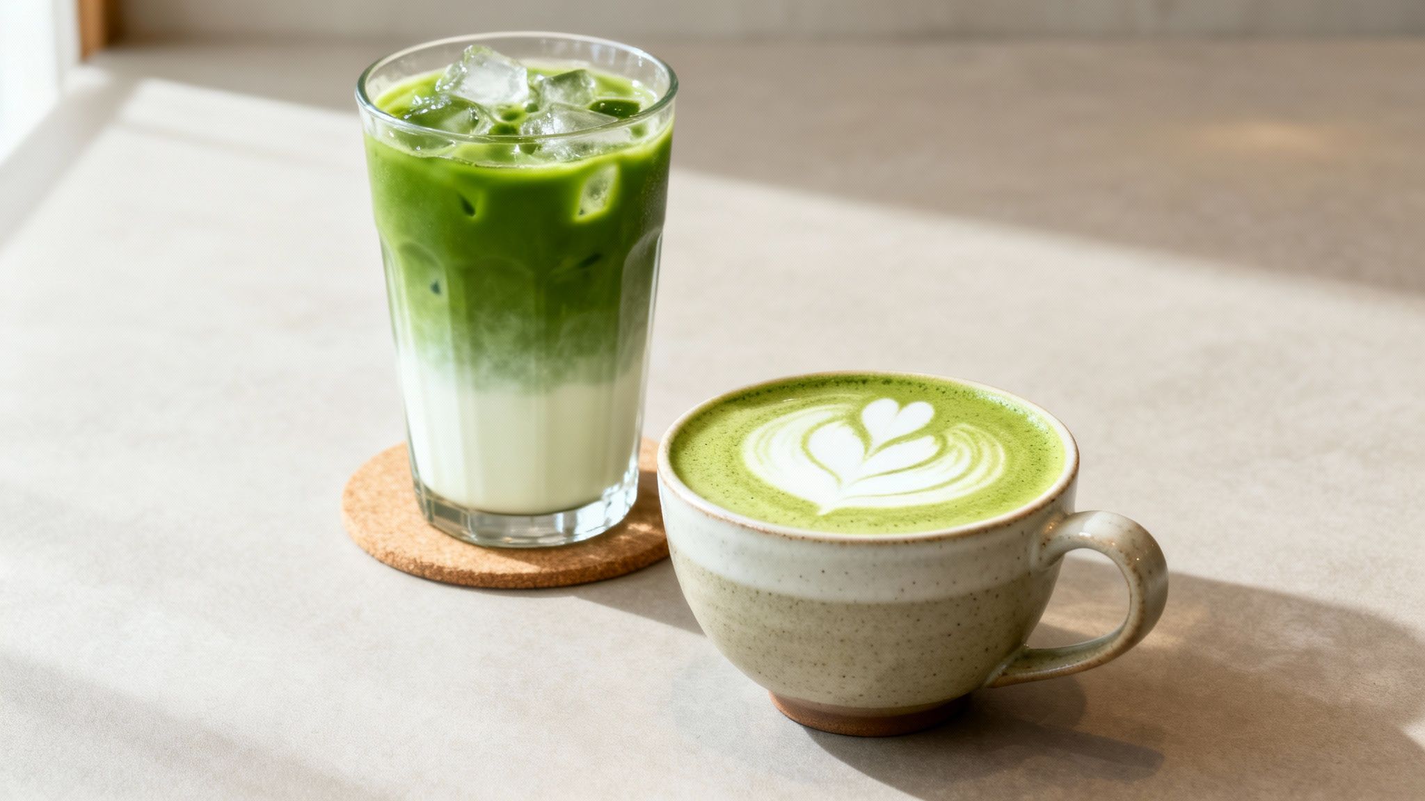 Two delicious matcha green tea drinks, an iced latte and a hot latte with heart art, on a sunlit table.