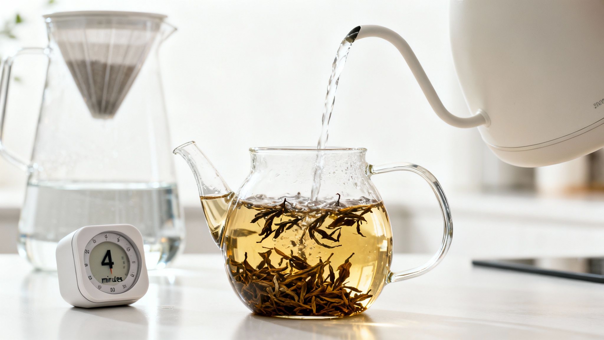 Hot water is poured from a white kettle into a glass teapot with loose leaf tea, beside a timer.