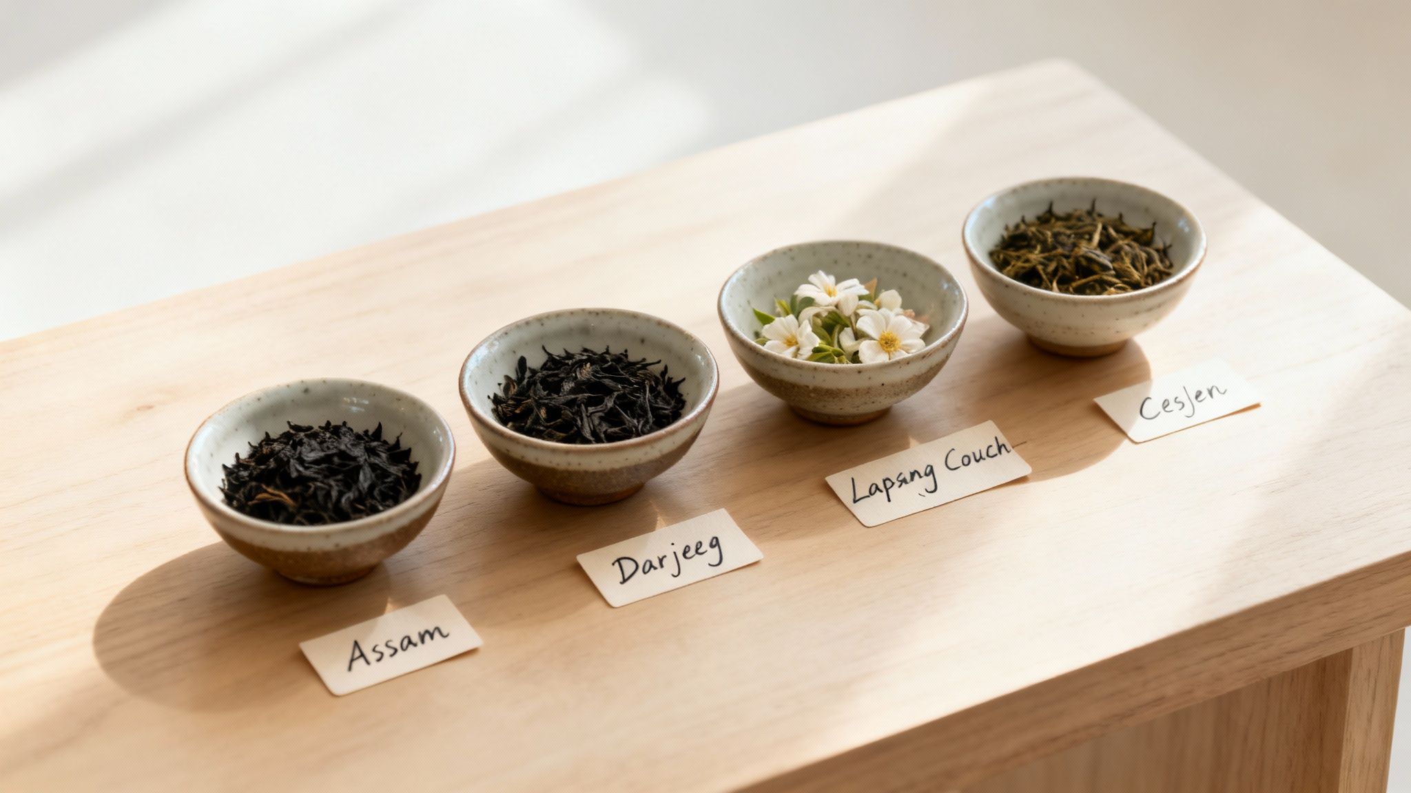 A close-up shot of Darjeeling tea leaves in a traditional wicker basket, with the misty Himalayan mountains in the background.