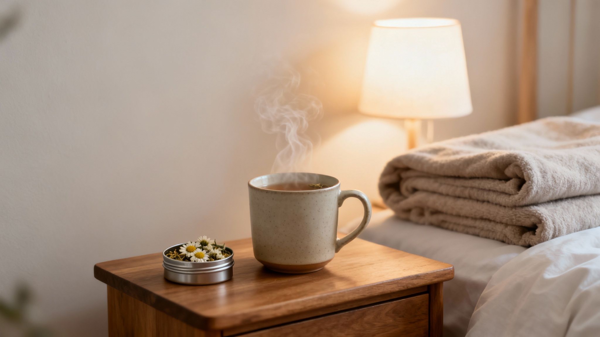 Steaming mug of herbal tea and chamomile flowers on a nightstand in a cozy bedroom.