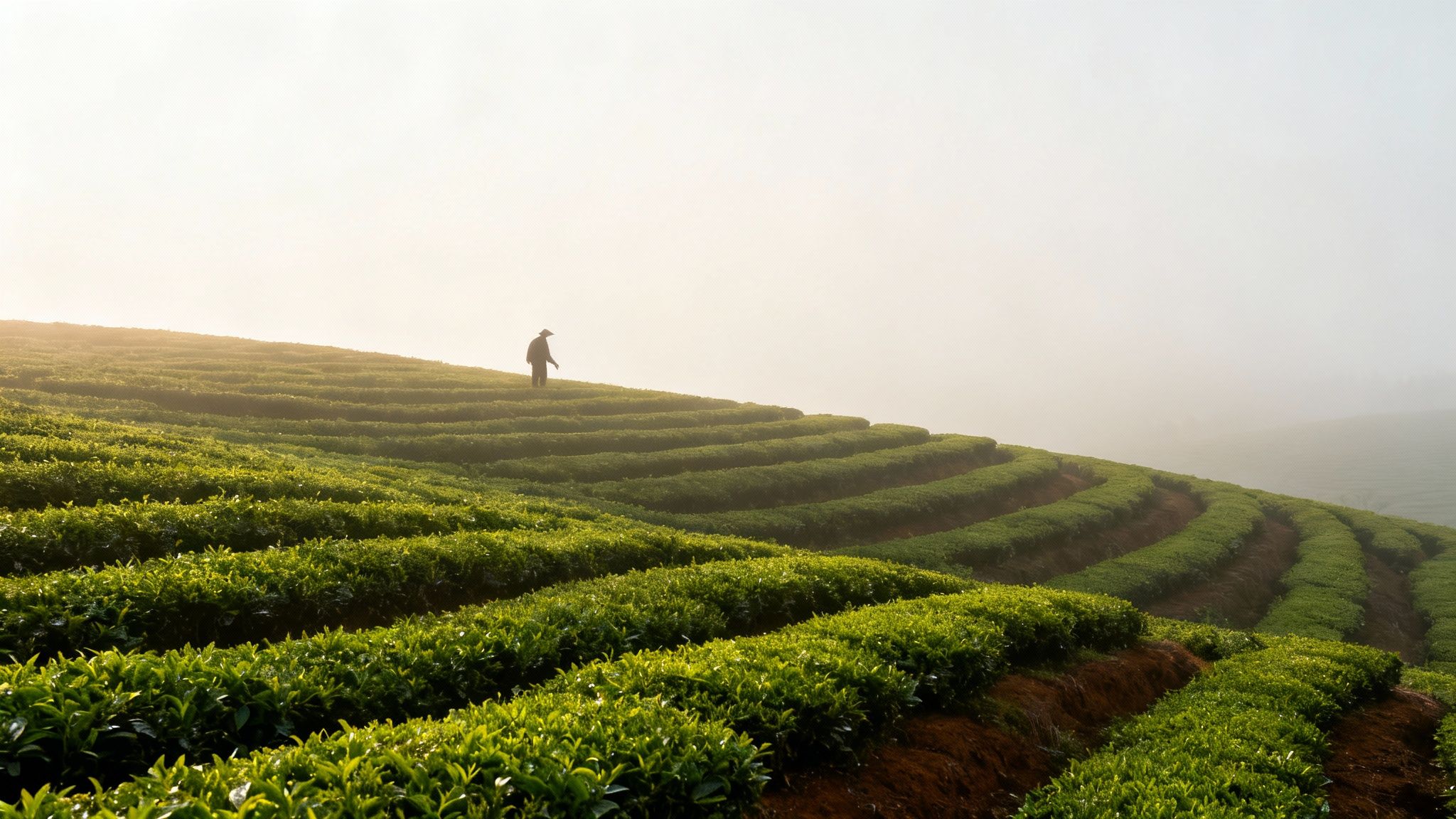 A farmer walks through beautiful terraced green tea fields in the misty morning light.