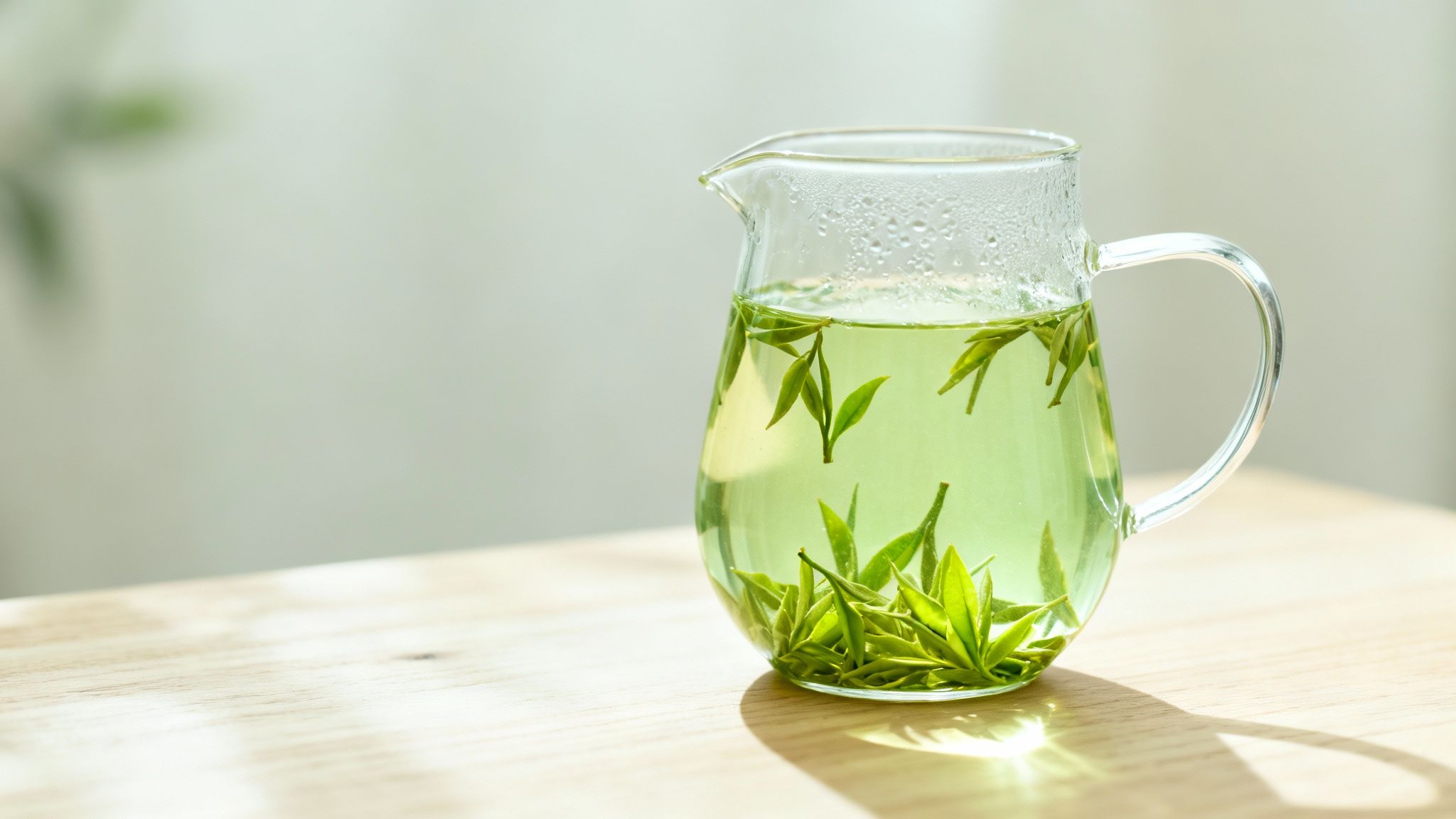 Fresh green tea leaves steeping in a clear glass pitcher on a wooden table.