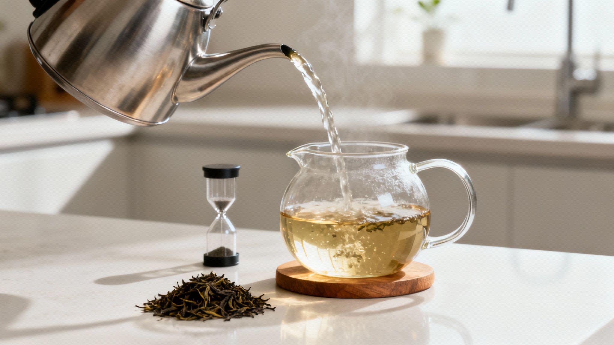 A person pouring hot water from a kettle into a teapot with loose-leaf tea.