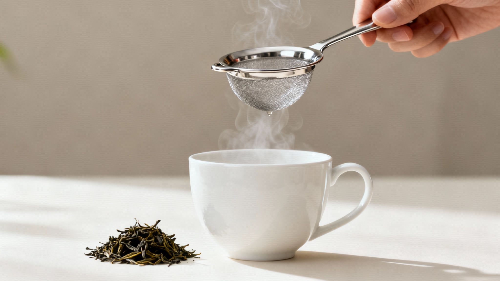 A hand strains hot green tea with a metal strainer into a white cup, with loose tea leaves on the table.