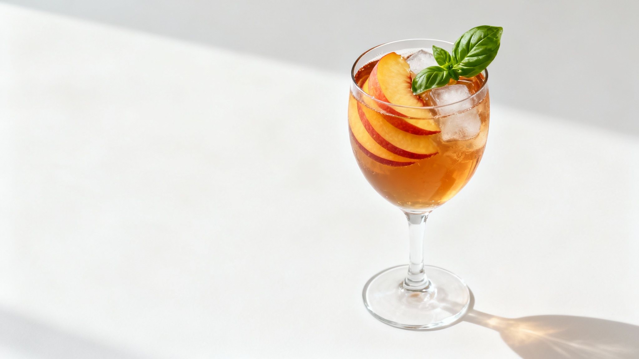 A glass of iced tea garnished with fresh fruit and herbs.
