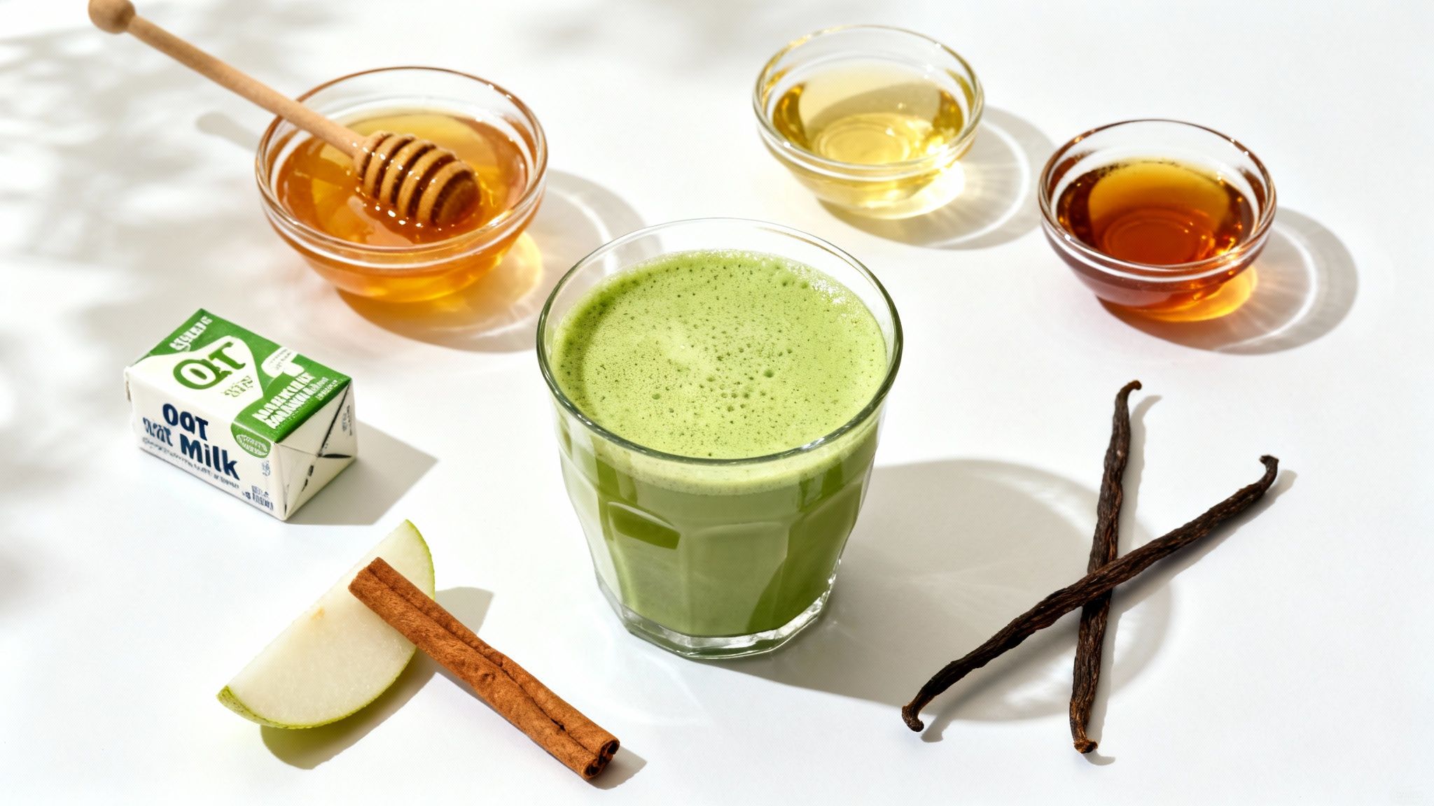 A vibrant green matcha latte surrounded by ingredients like oat milk, honey, cinnamon, and vanilla beans.