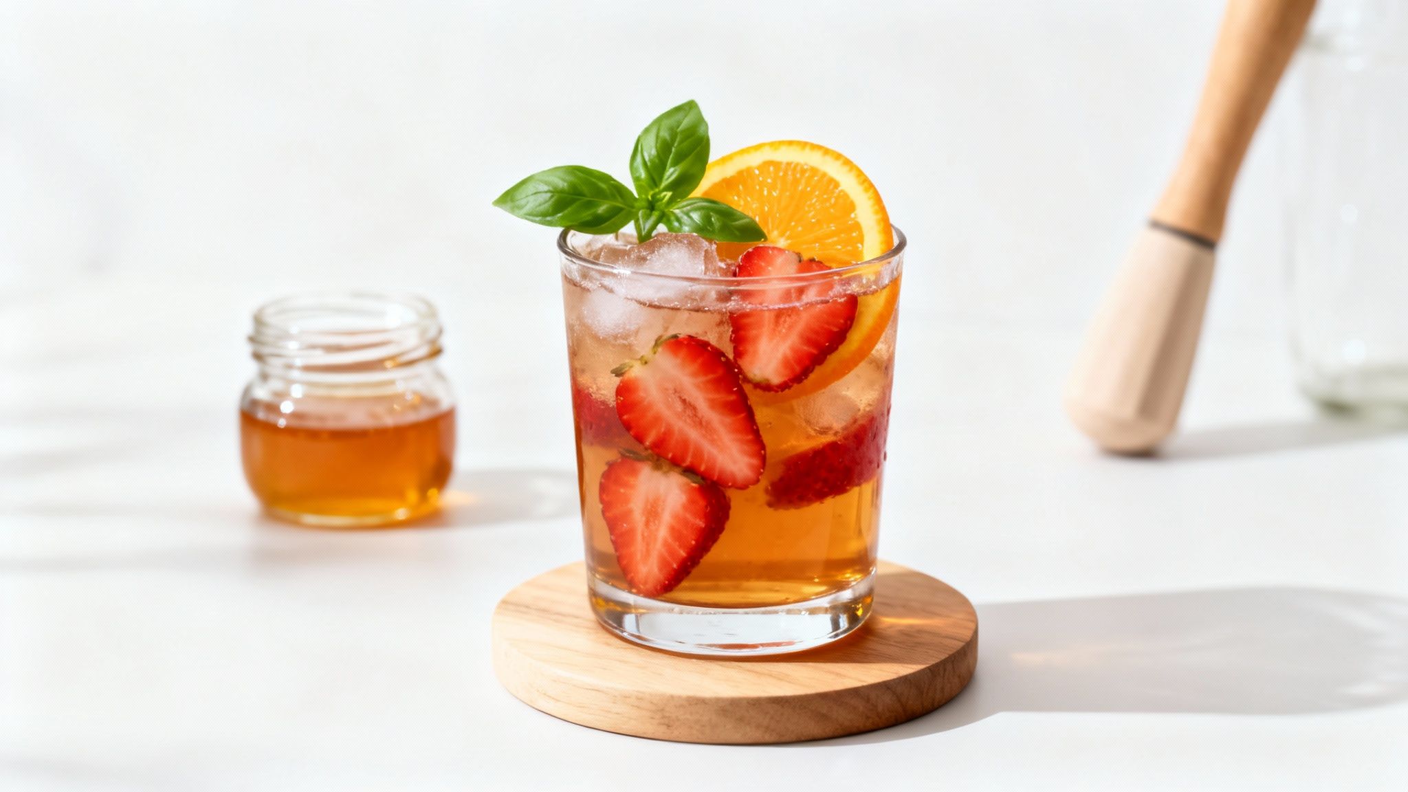 A refreshing glass of iced tea with strawberries, orange, and basil, next to a jar of honey.