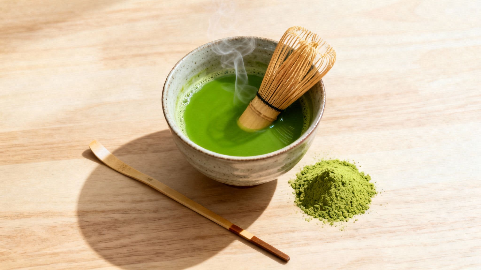 Hot green matcha tea with a bamboo whisk, scoop, and powder on a wooden table.