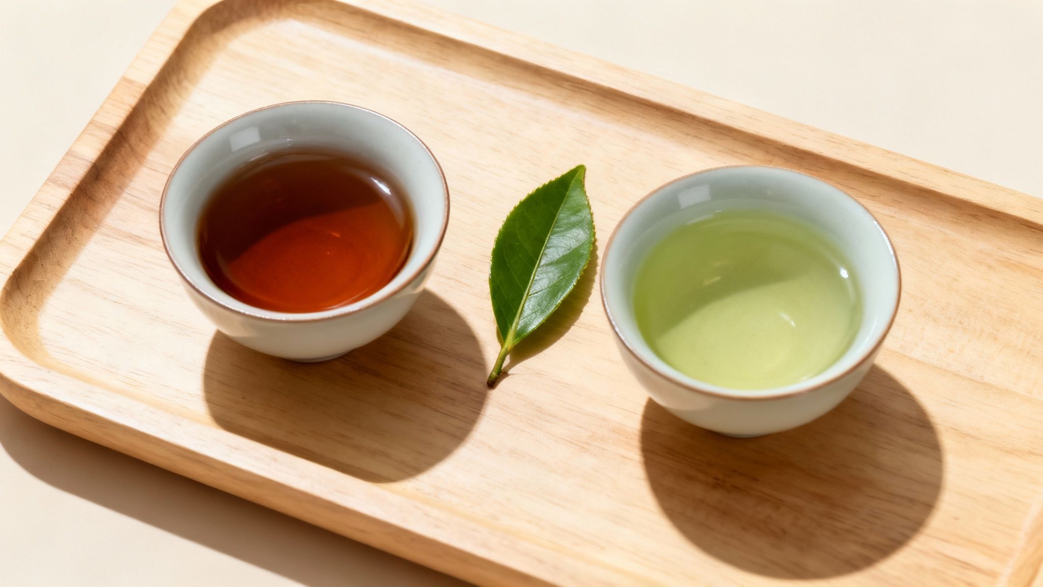 A cup of black tea and a cup of green tea side-by-side on a wooden surface