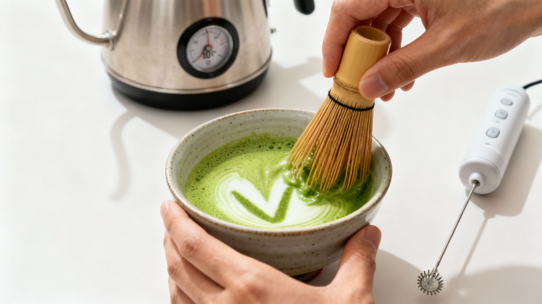 Hands whisking vibrant green matcha tea in a ceramic bowl, next to a kettle and frother.
