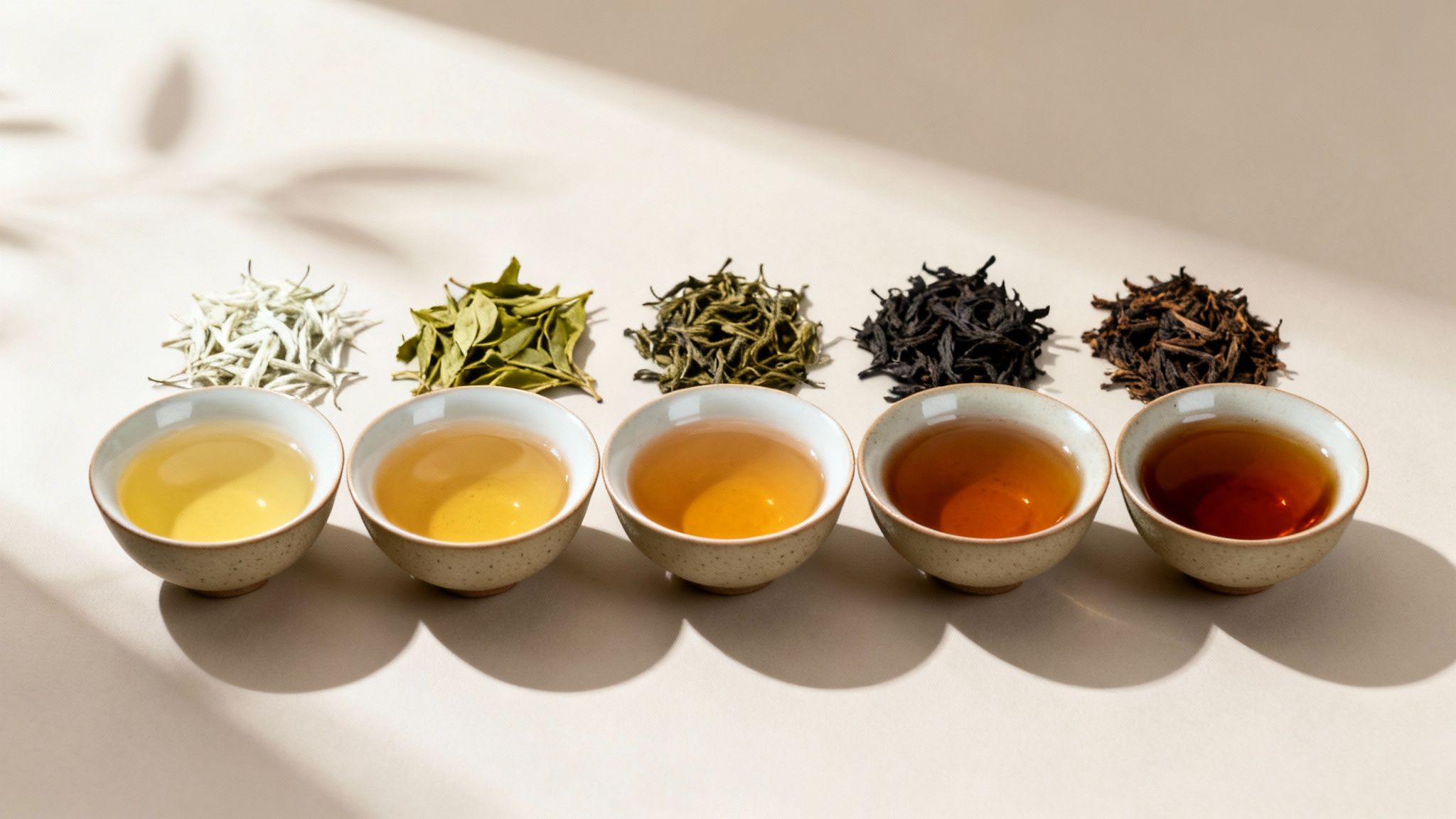 Five cups of brewed tea showcasing different varieties, from white to dark, with their dry leaves.