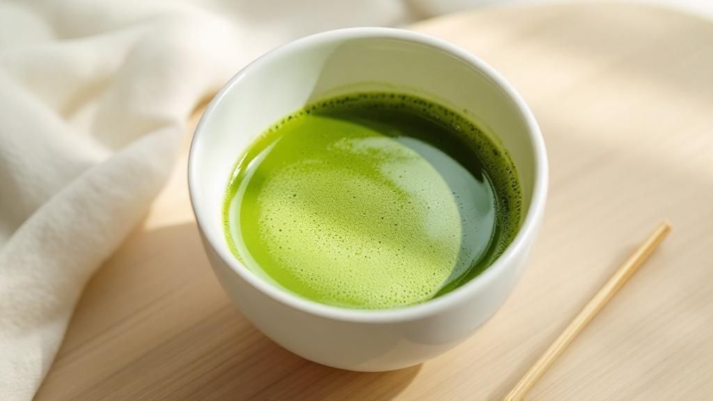 A bamboo whisk resting in a traditional matcha bowl filled with vibrant green tea.