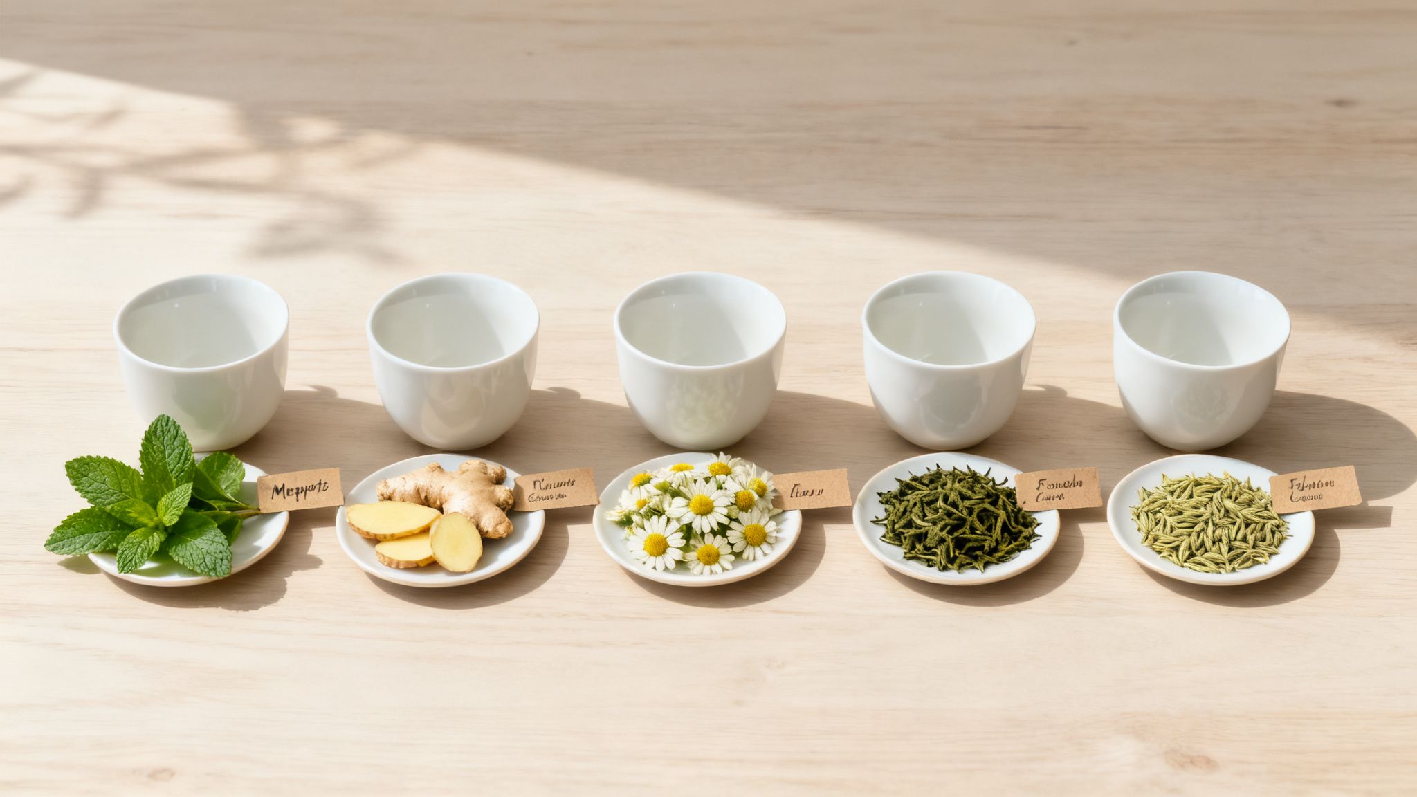 Various fresh tea ingredients like mint, ginger, chamomile, green tea, and fennel with cups.