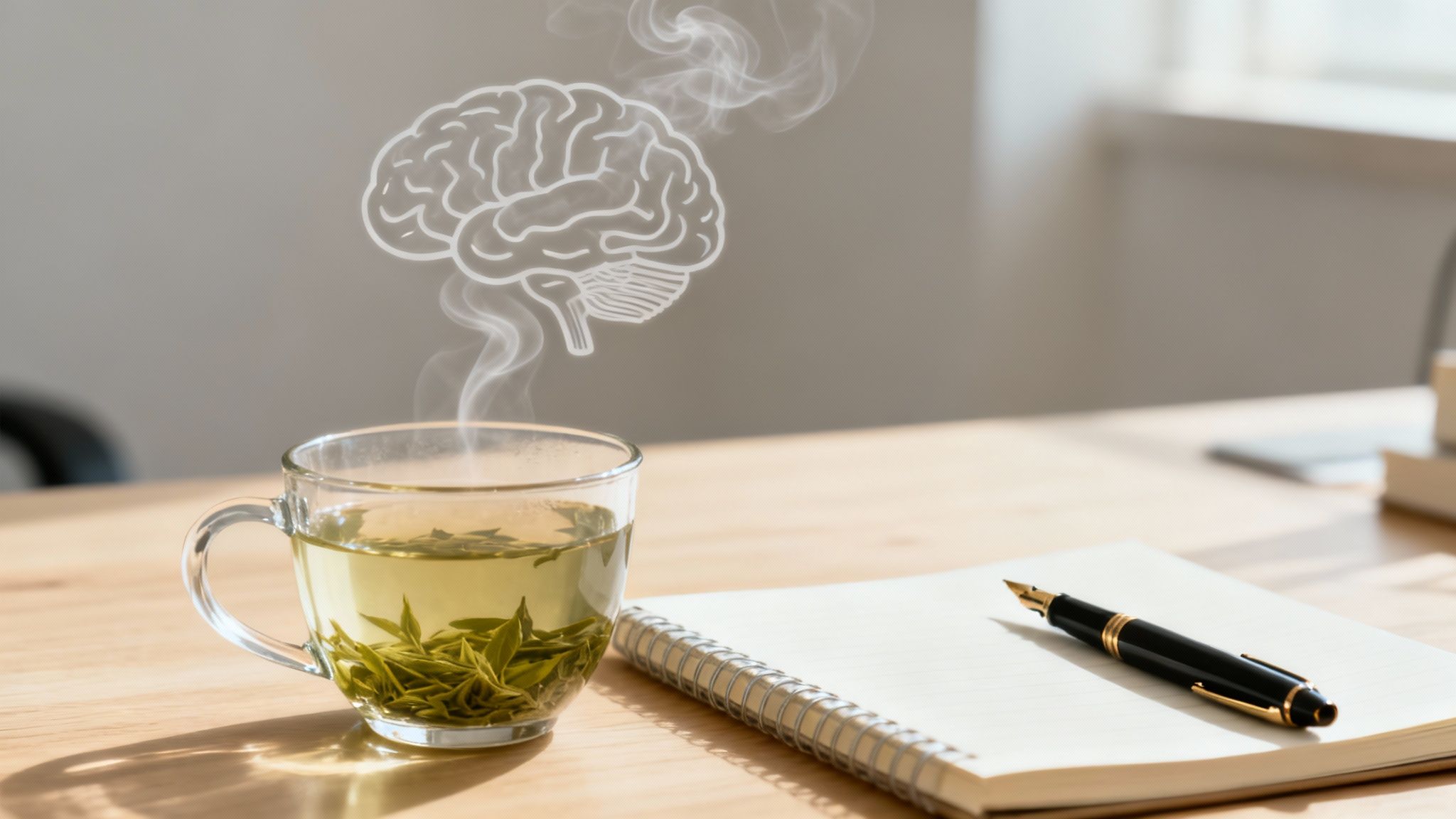 Steaming cup of green sencha tea on desk with notebook and brain-shaped steam symbolizing mental clarity