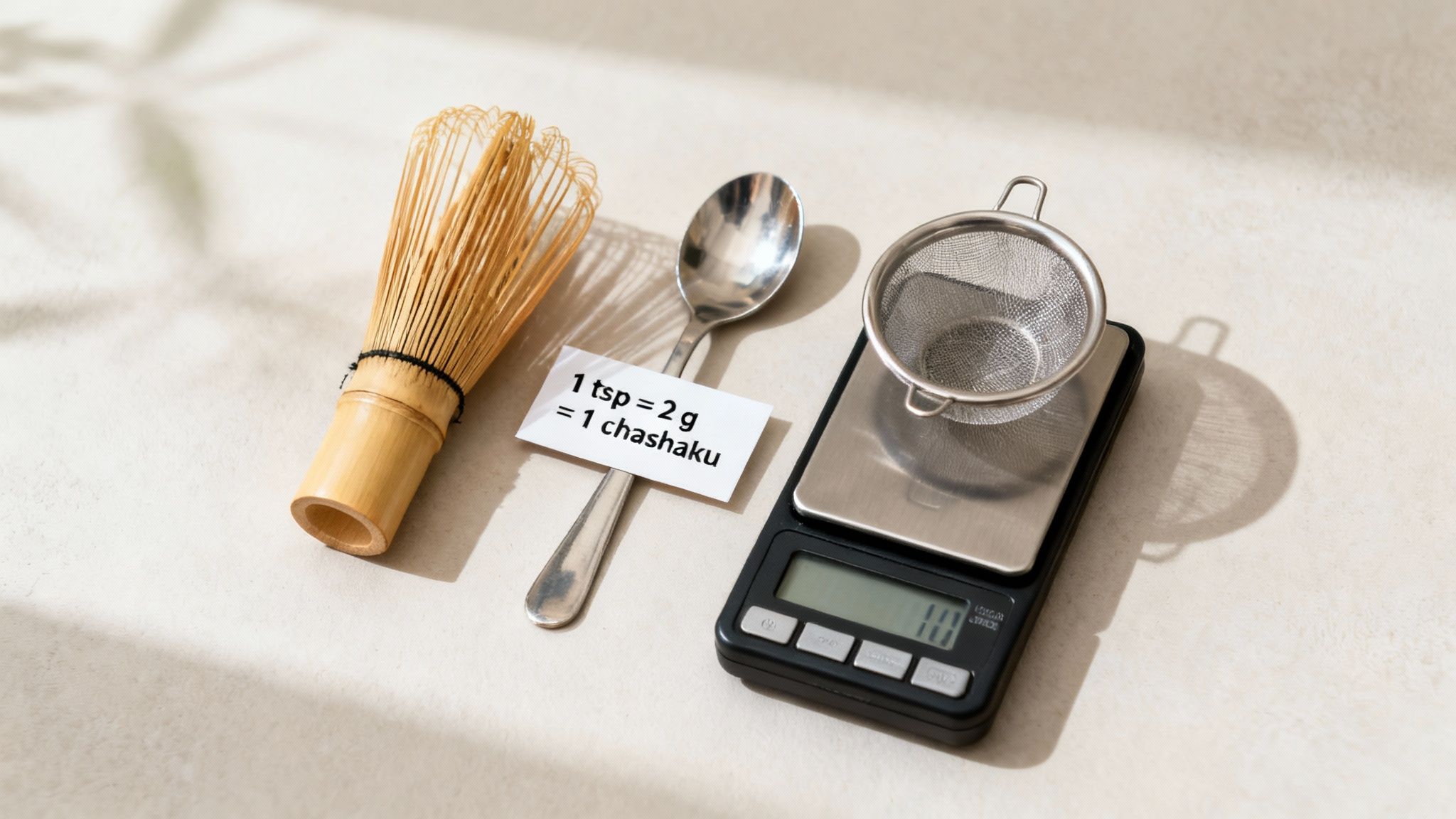 Matcha preparation tools: bamboo whisk, metal spoon, digital scale with sieve, and a measurement note.