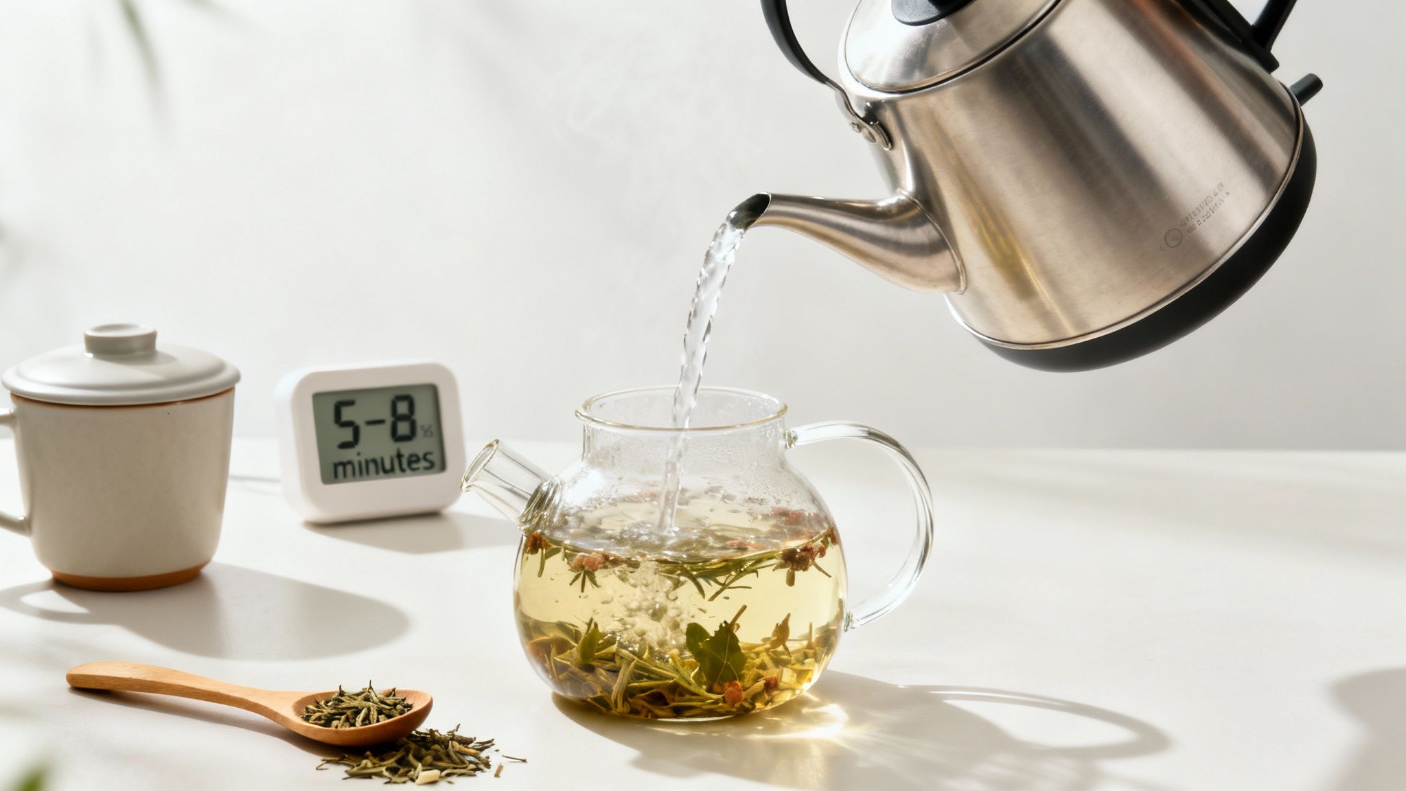 A person pouring hot water from a kettle into a glass teapot with herbal tea leaves.