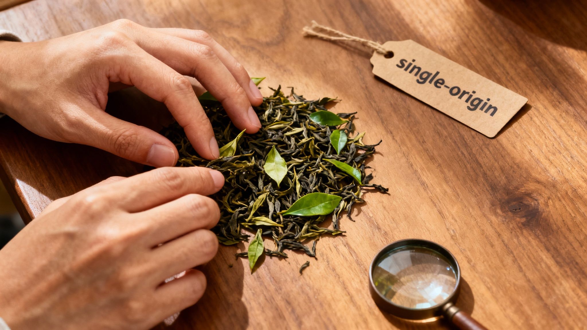 A person's hands carefully scooping loose leaf tea from a large tin into a smaller container.