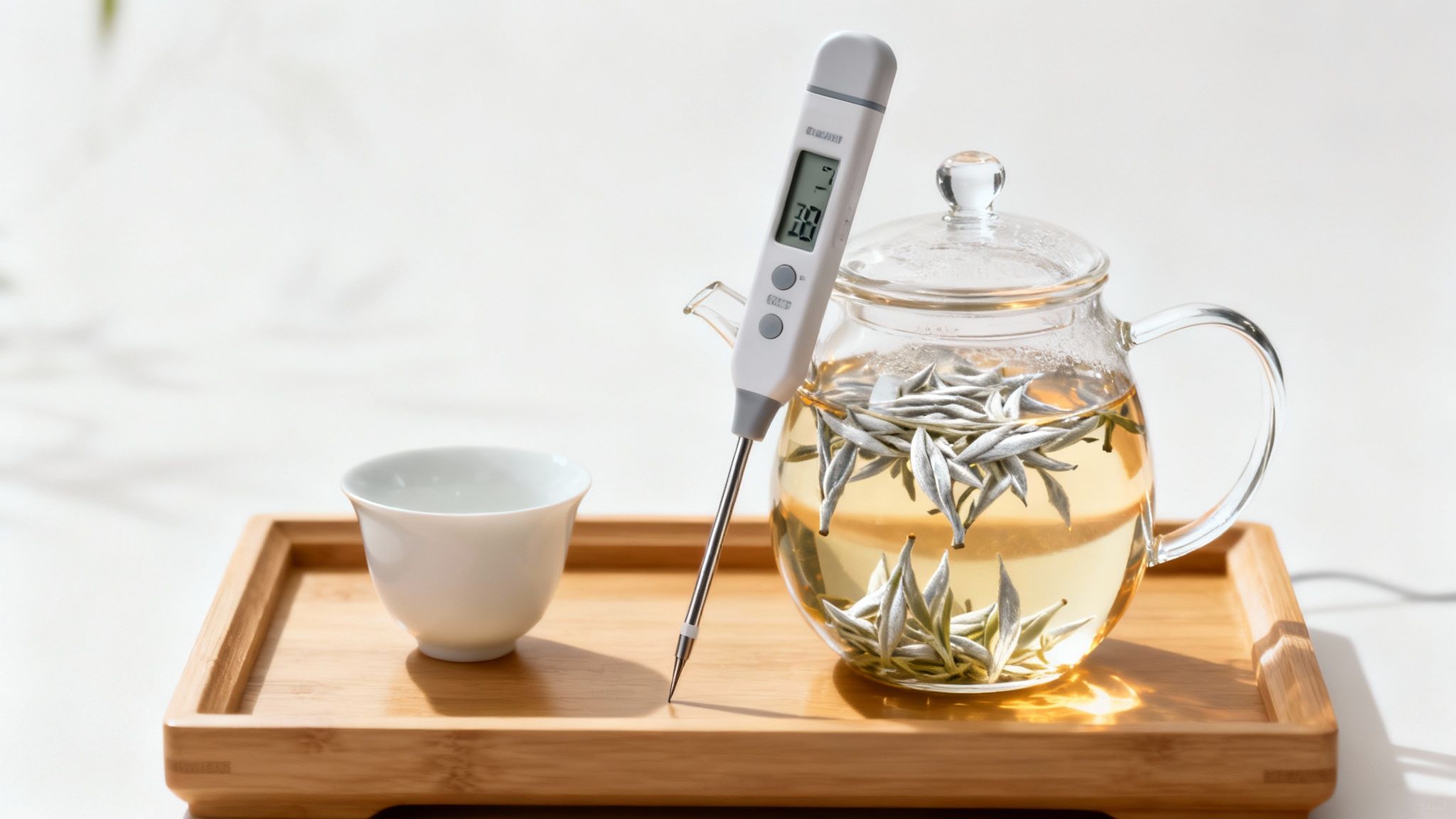 A beautiful glass teapot steeping white tea leaves, with a steaming cup beside it.