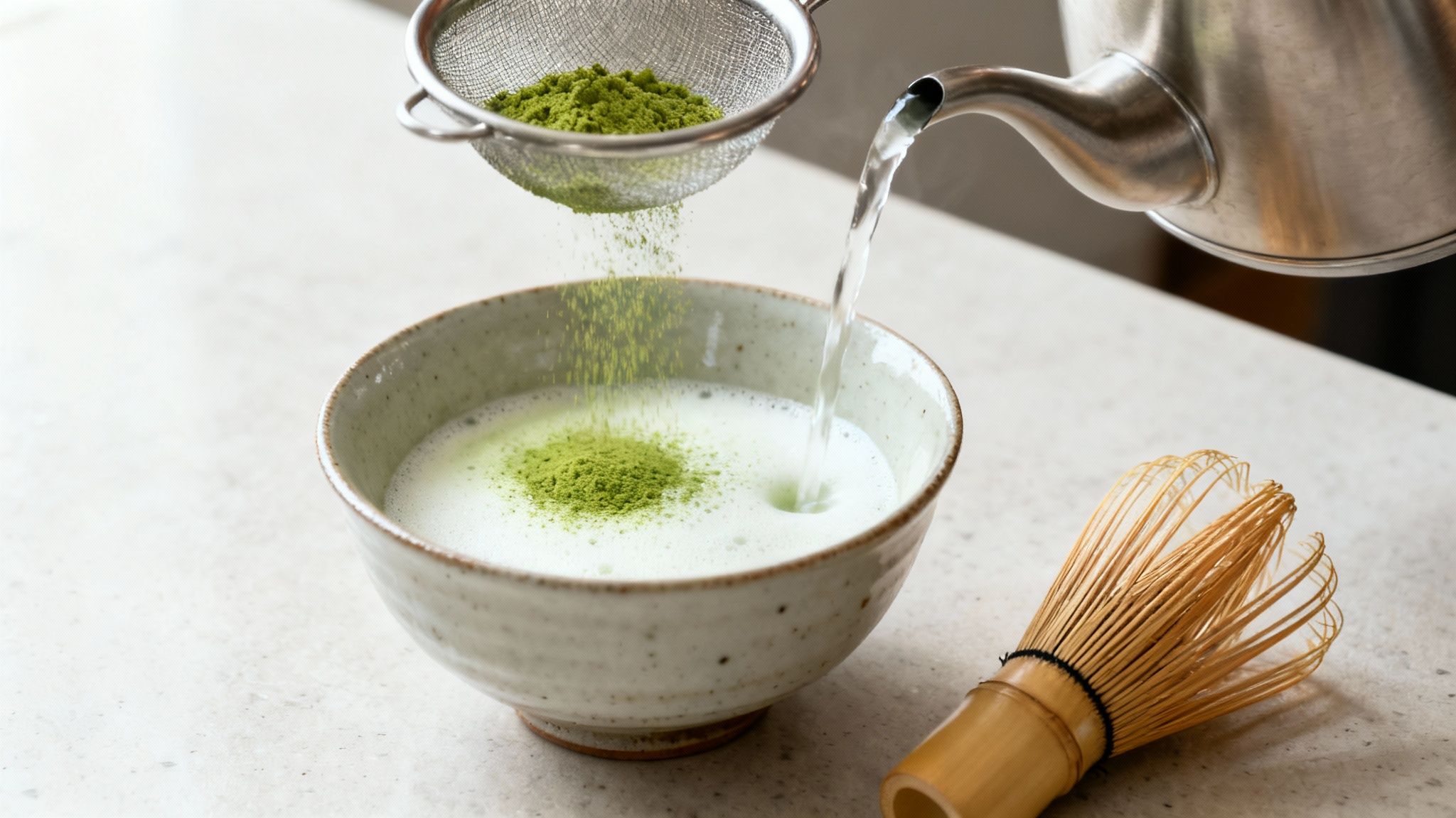 Matcha powder being sifted into a bowl with hot water poured from a kettle, next to a whisk.