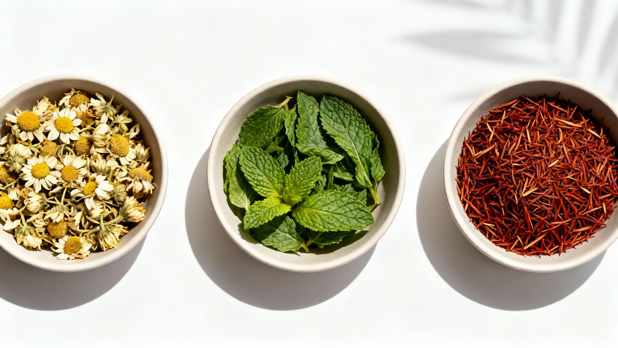 Three bowls filled with dried chamomile, fresh mint leaves, and dried rooibos for herbal tea.