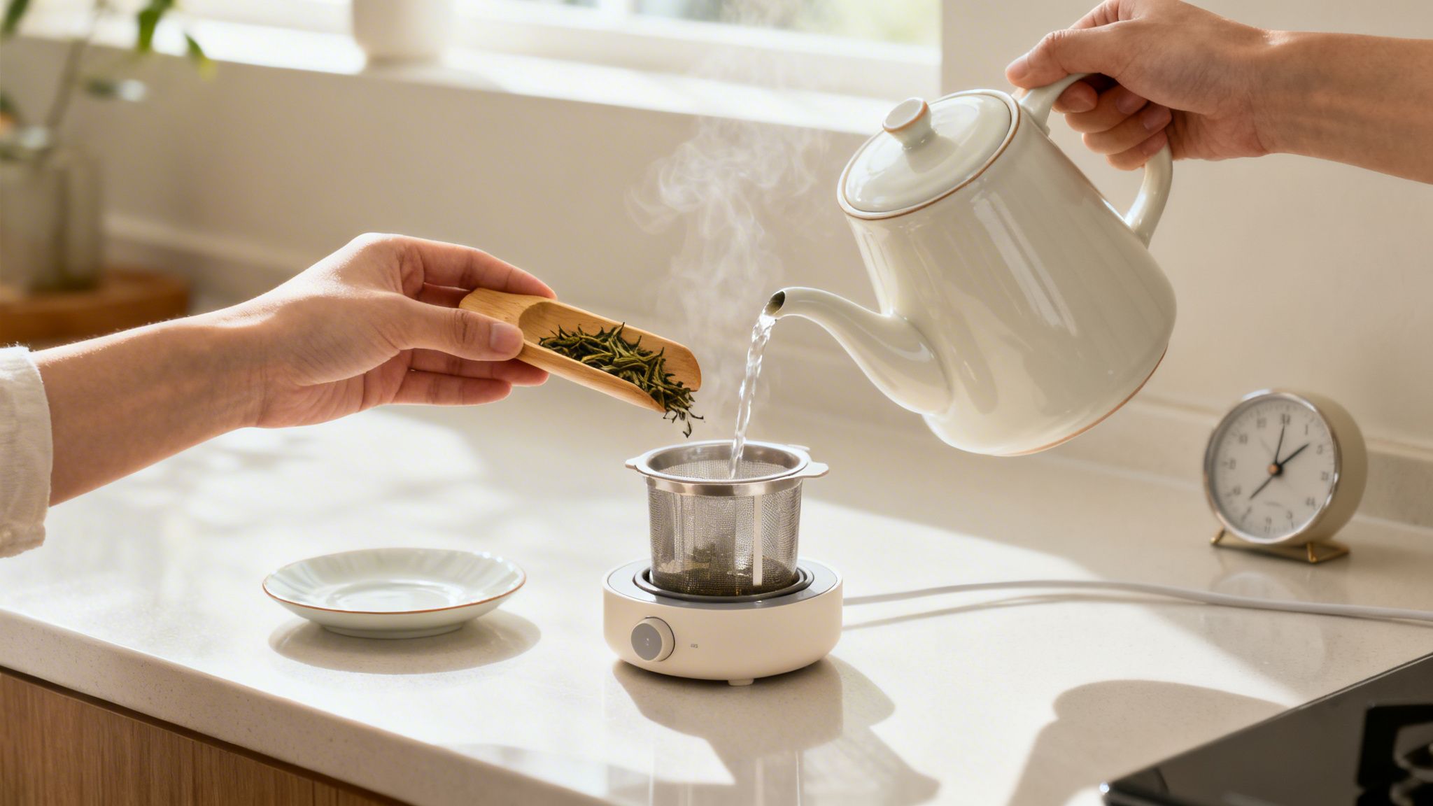Hands pour hot water into a tea infuser with loose leaf tea, next to a ceramic teapot.