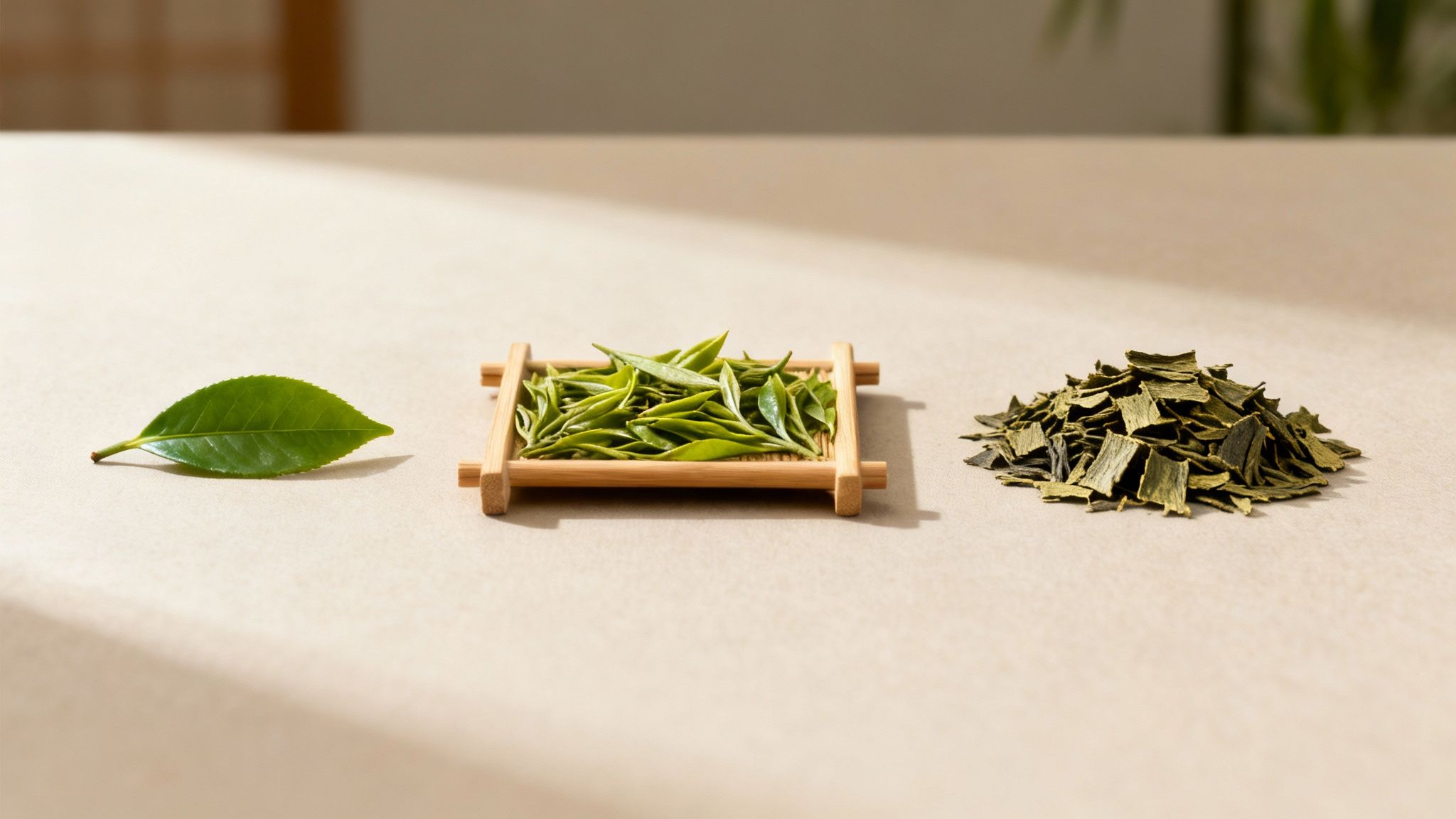 Fresh green tea leaf, tender tea leaves in a bamboo tray, and a pile of dried green tea.