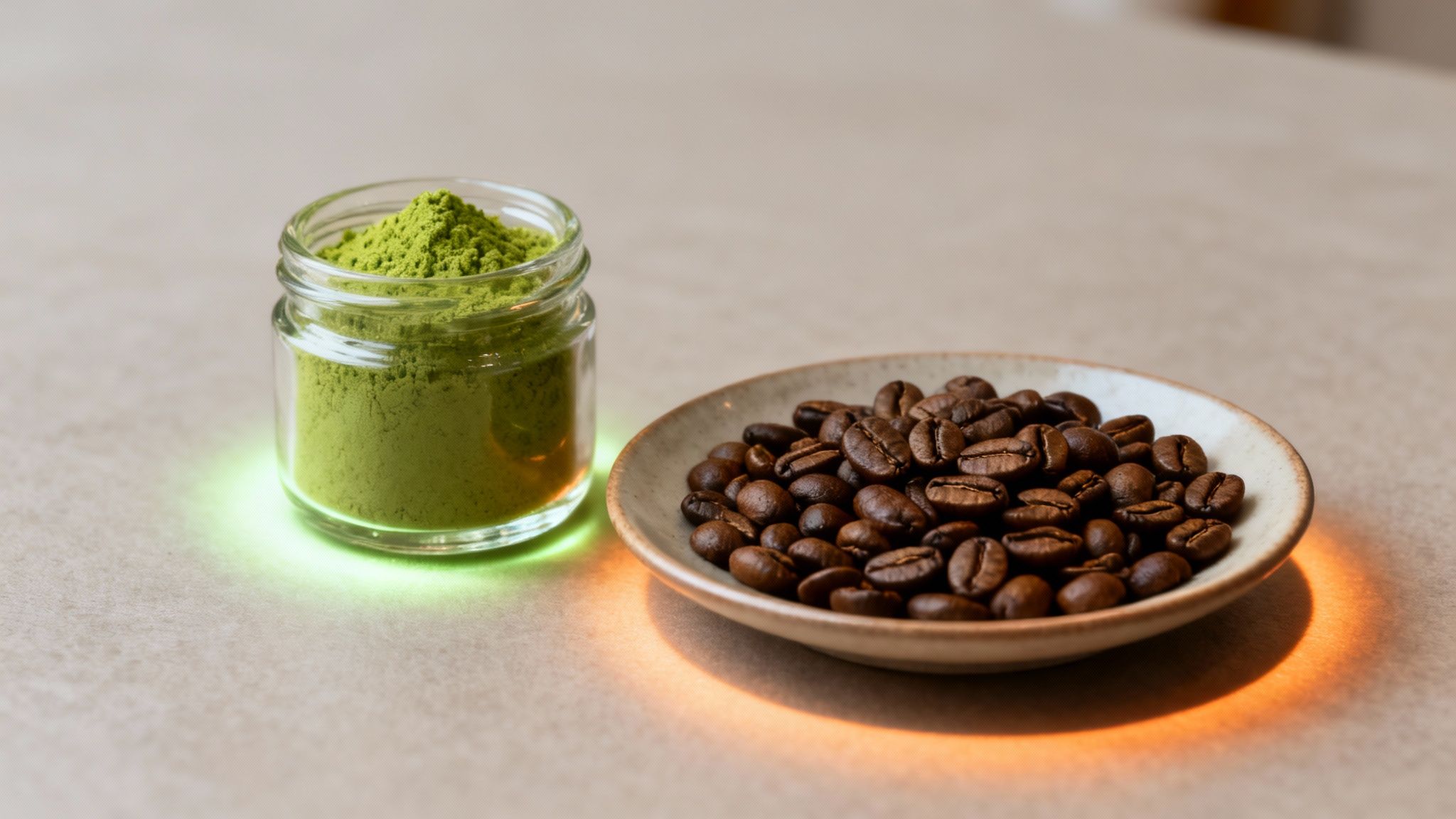 Vibrant green matcha powder in a jar next to roasted coffee beans on a small plate.