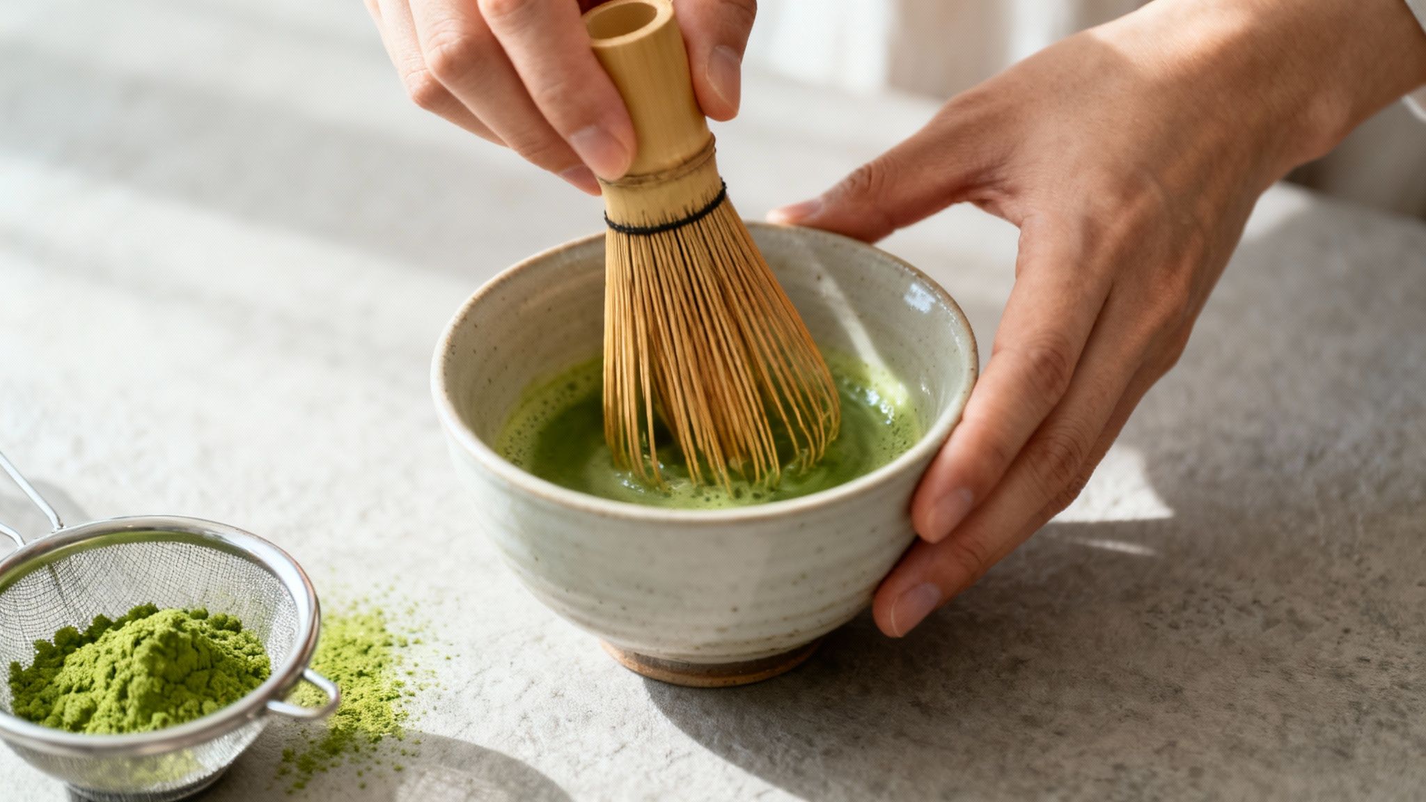 Hands whisking vibrant green matcha tea in a traditional ceramic bowl with a bamboo chasen.