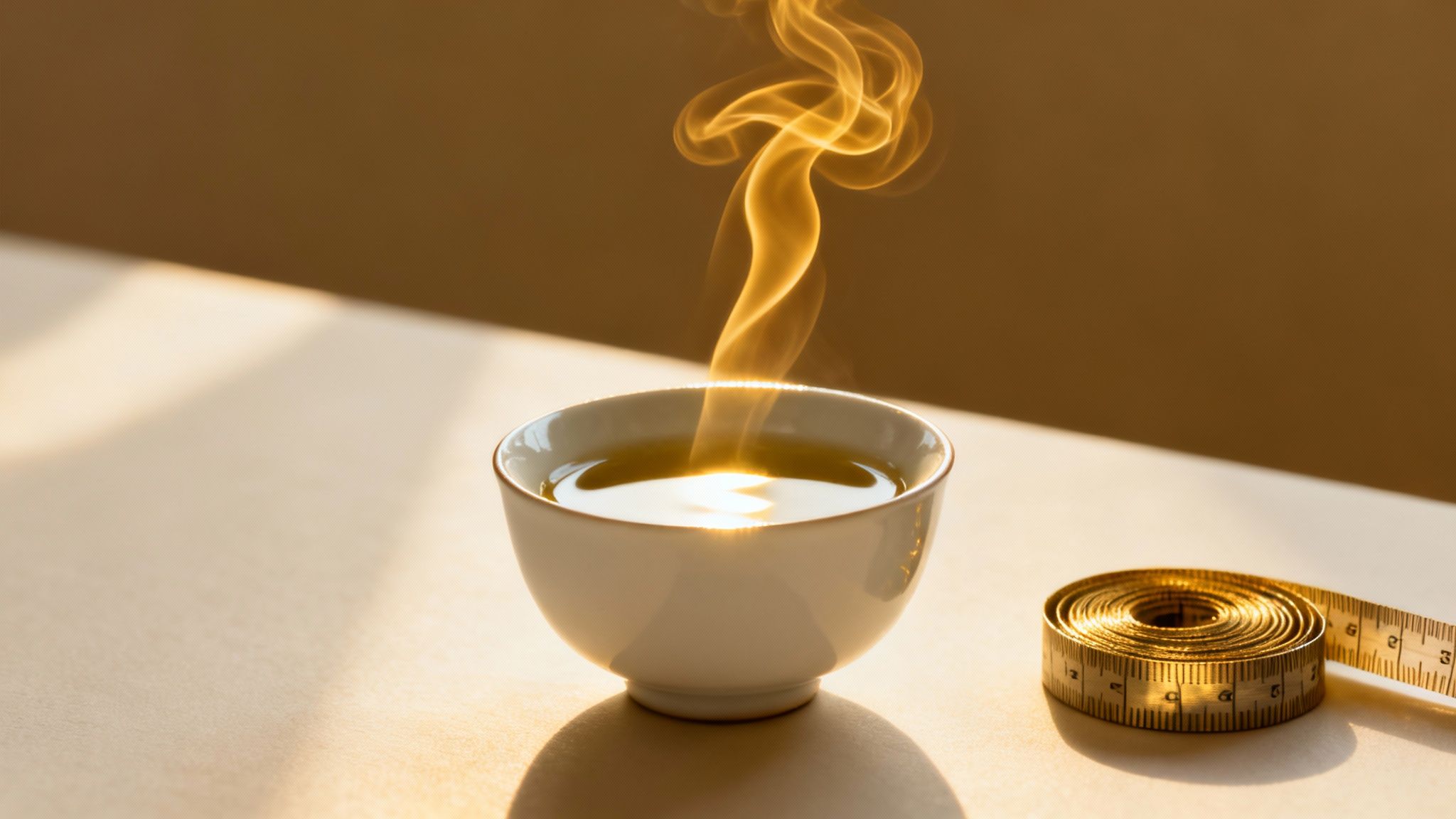 Steaming cup of sencha green tea beside measuring tape symbolizing weight loss and health benefits