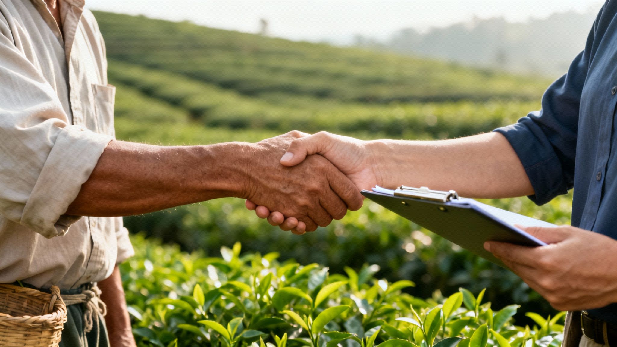 Two men, one a farmer, shake hands in a lush tea plantation, making a business agreement.