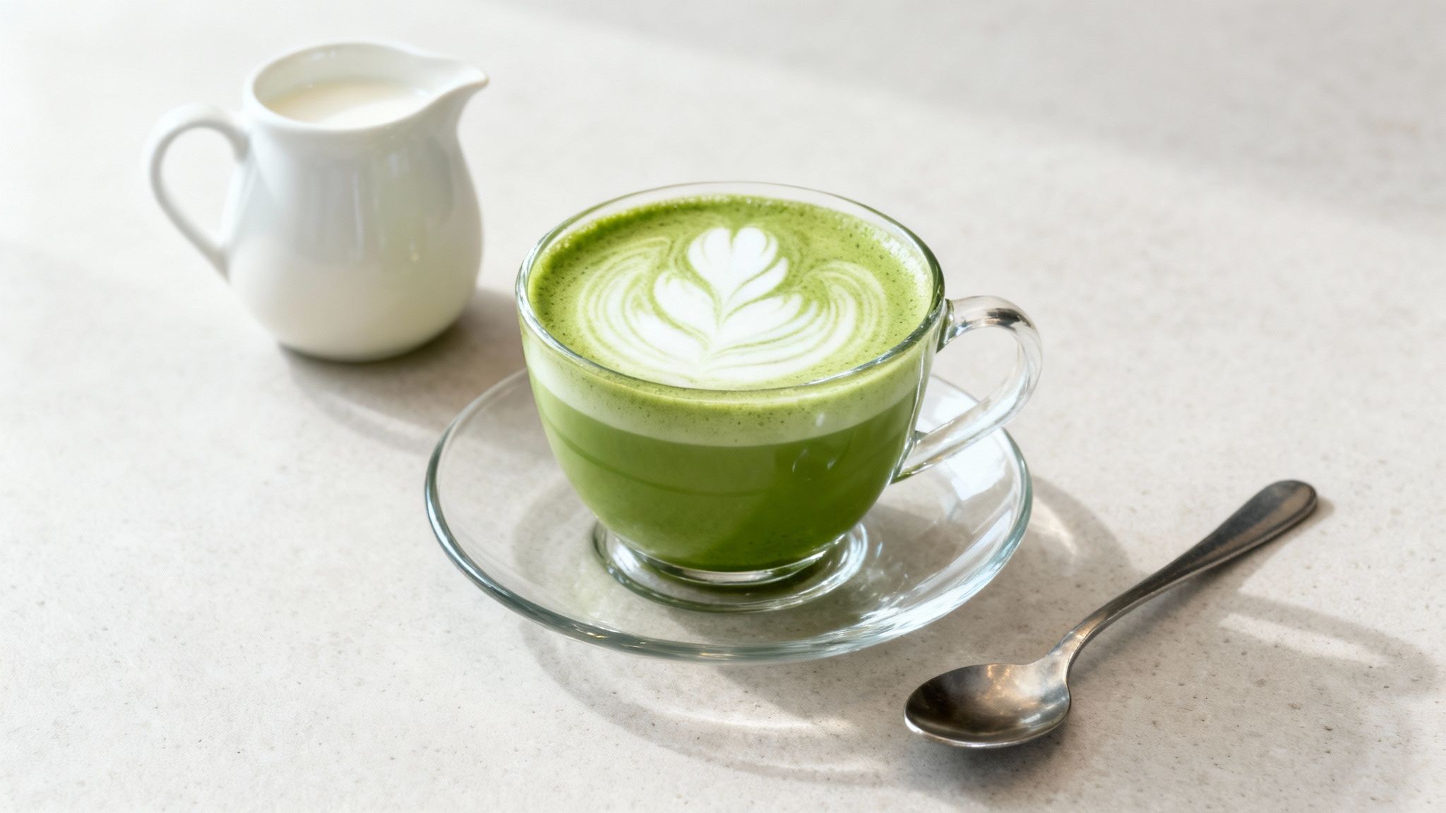 A beautiful matcha latte with delicate latte art, a milk pitcher, and a spoon on a light surface.