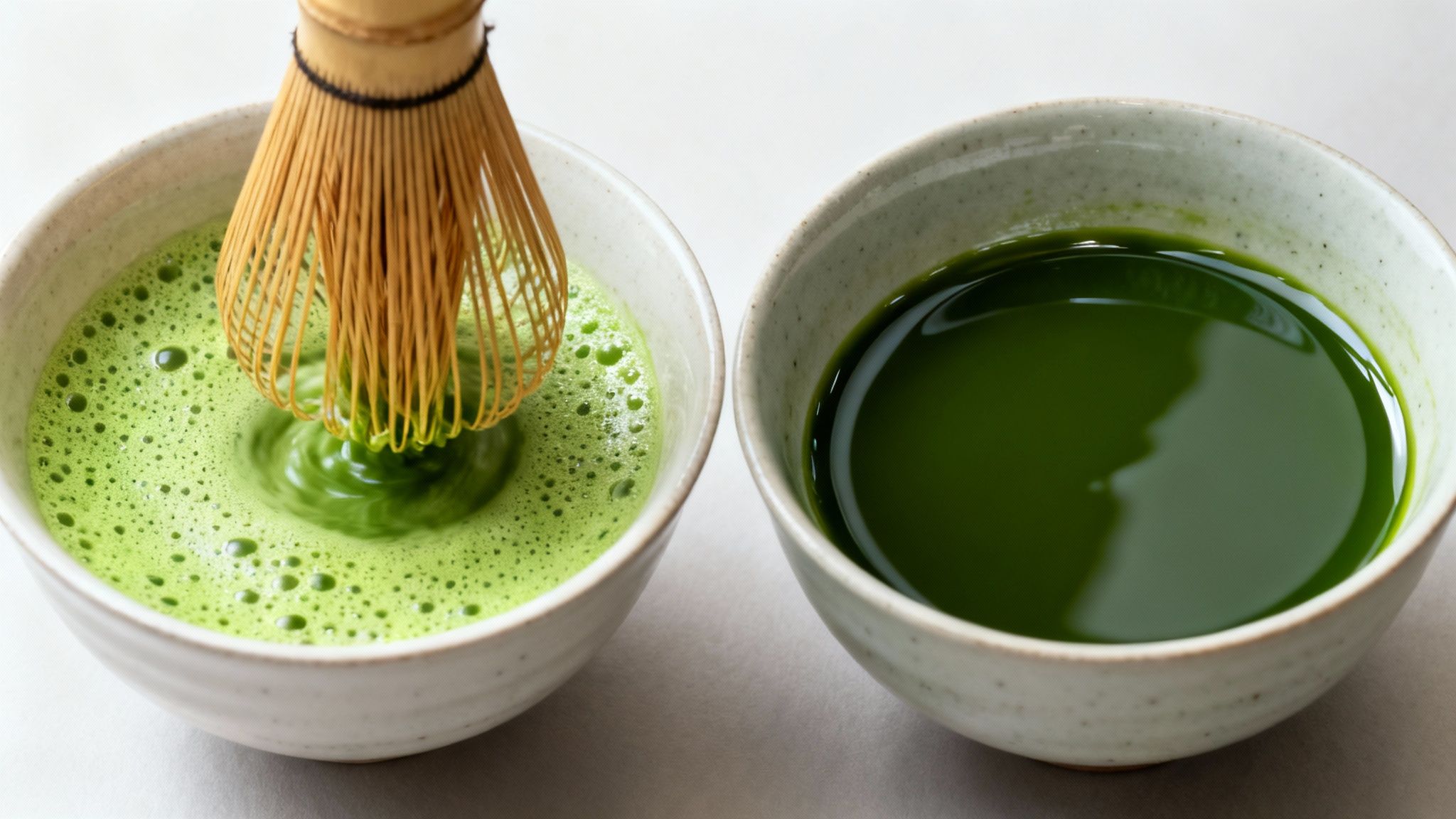 Two bowls of matcha tea, one being whisked with a bamboo chasen, the other prepared and still.