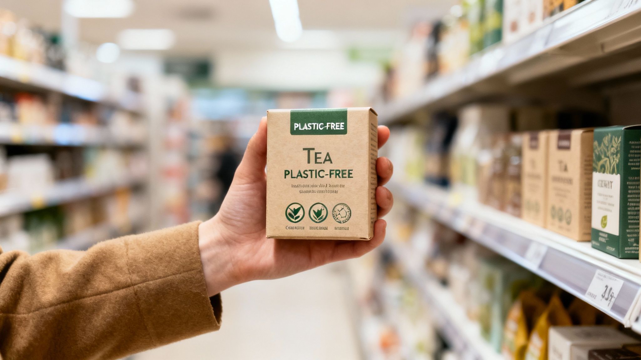 Hand holding plastic-free tea box with compostable and biodegradable certification icons in store aisle