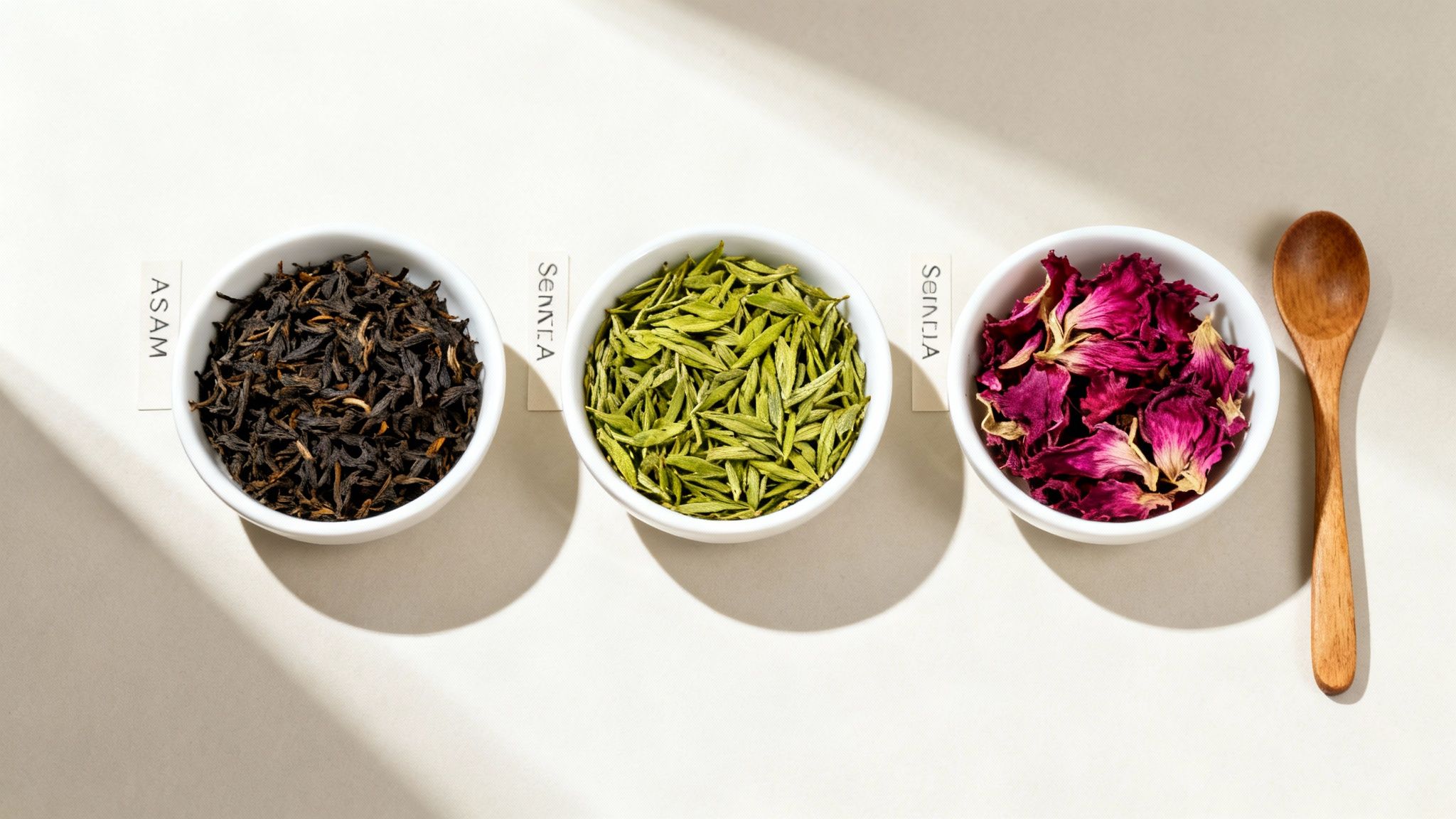 Loose leaf teas in small bowls, ready for brewing.