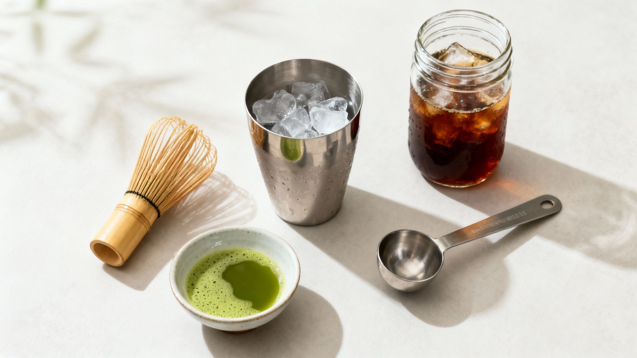 Ingredients for an iced matcha latte: whisk, bowl of frothed matcha, ice, and cold brew coffee.