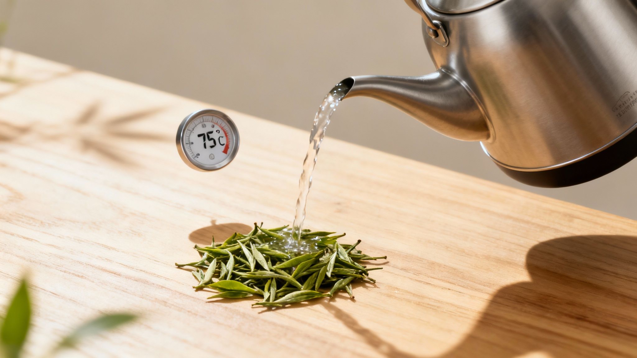 A person pouring hot water from a transparent kettle into a glass mug containing green tea leaves.