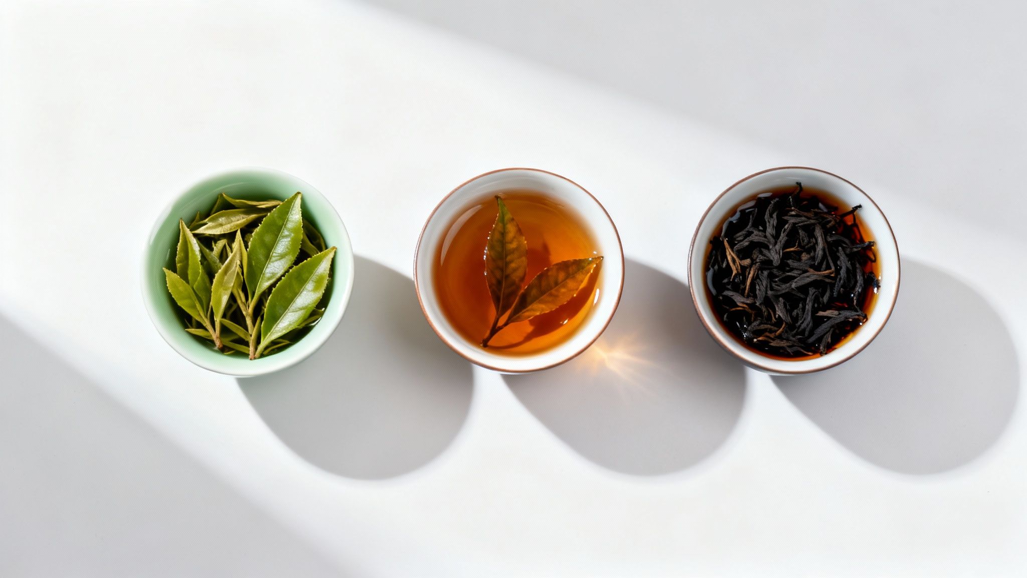 A top-down view of various black tea varieties in small white bowls, showcasing their different colours and textures.